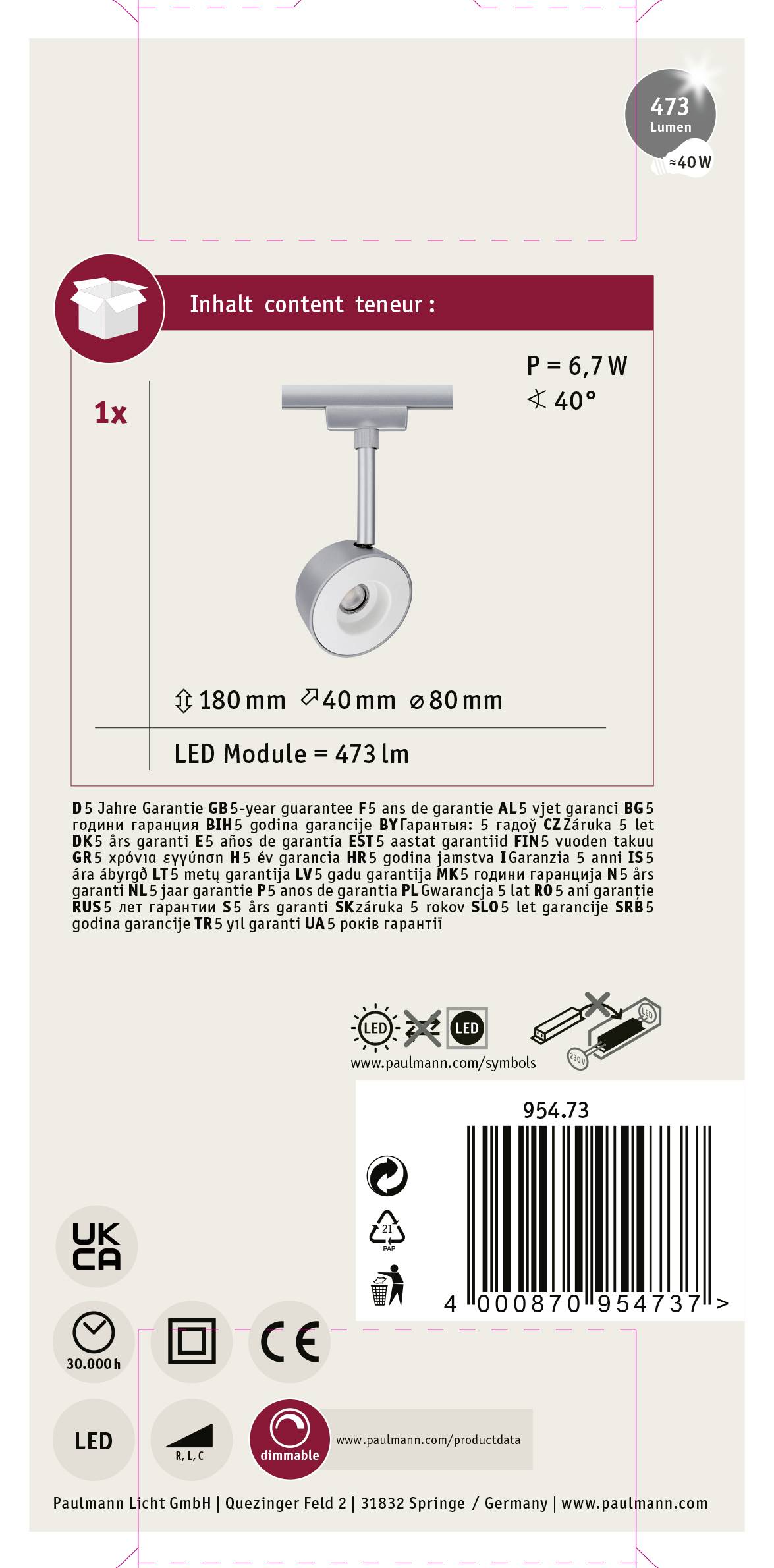 Paulmann Pellet Hochvolt-Schienensystem-Leuchte URail LED fest eingebaut 4W LED Chrom (matt), Weiß