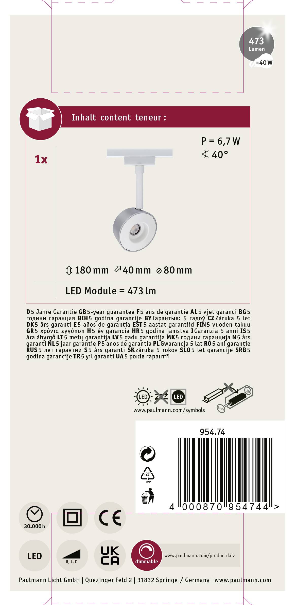 Paulmann Pellet Hochvolt-Schienensystem-Leuchte URail LED fest eingebaut 4W LED Weiß, Chrom (matt)