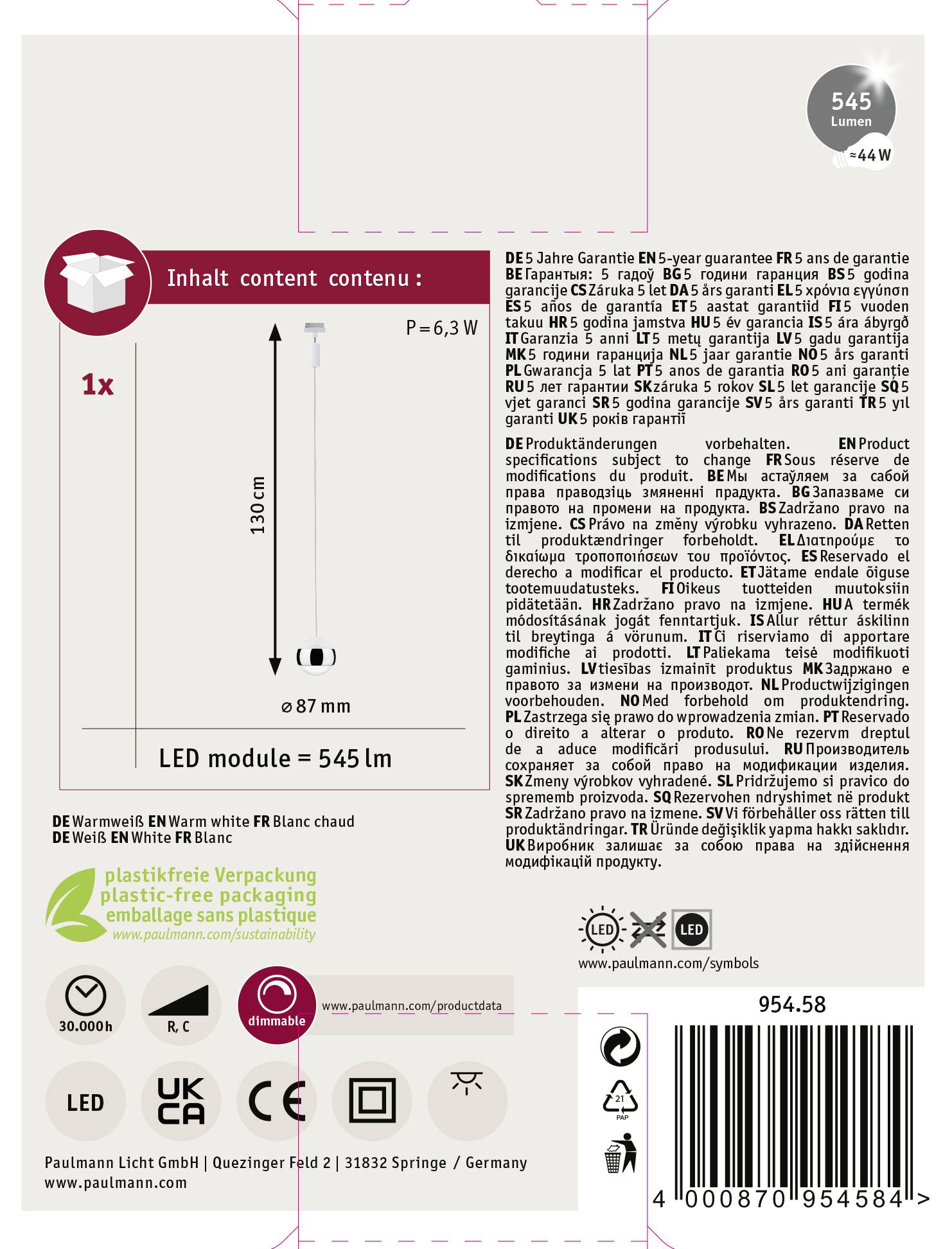 Paulmann Capsule II Hochvolt-Schienensystem-Leuchte URail LED fest eingebaut 6W LED Weiß, Chrom