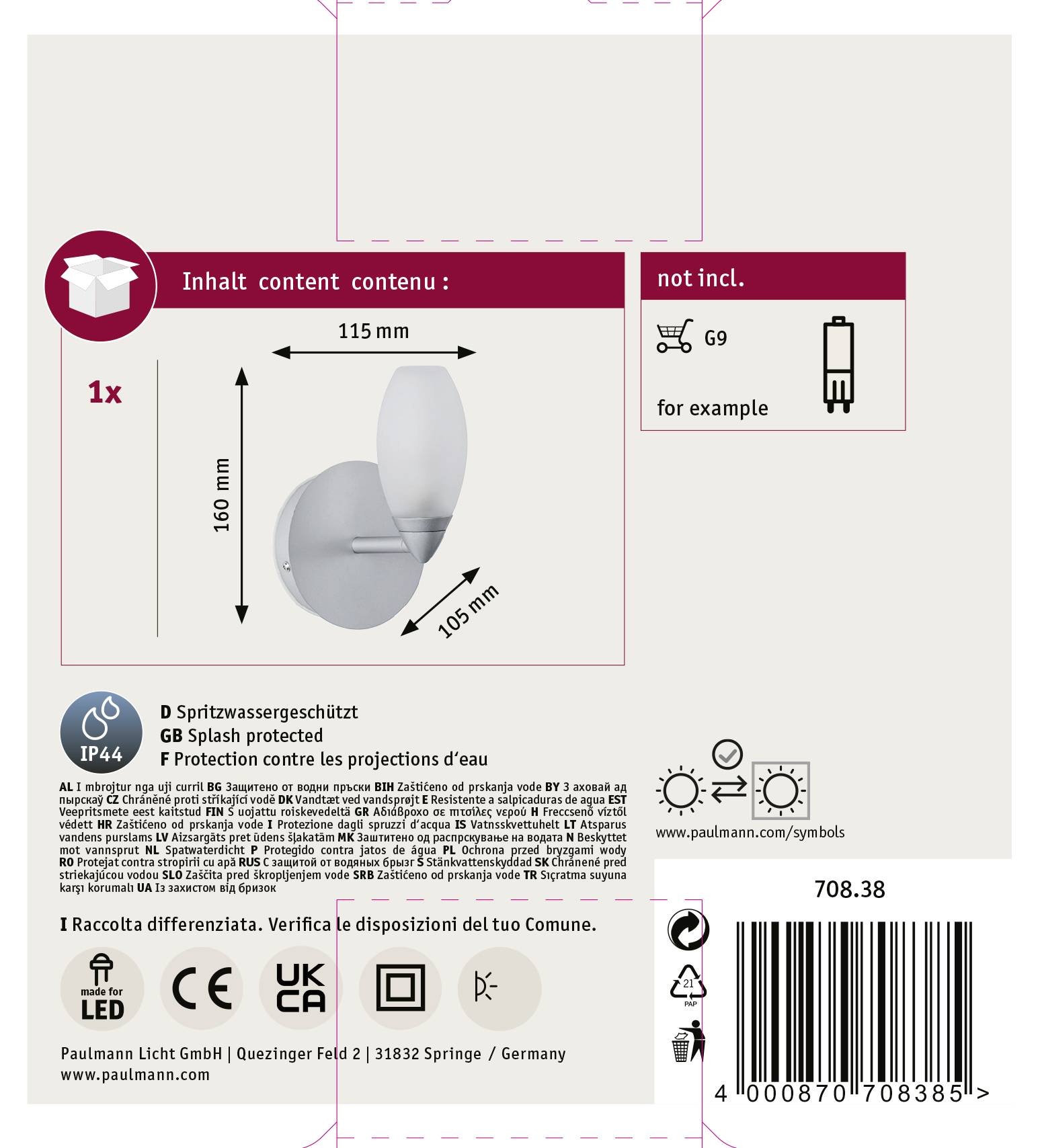 Paulmann Carina 70838 Bad-Wandleuchte 28W Chrom (matt), Satin