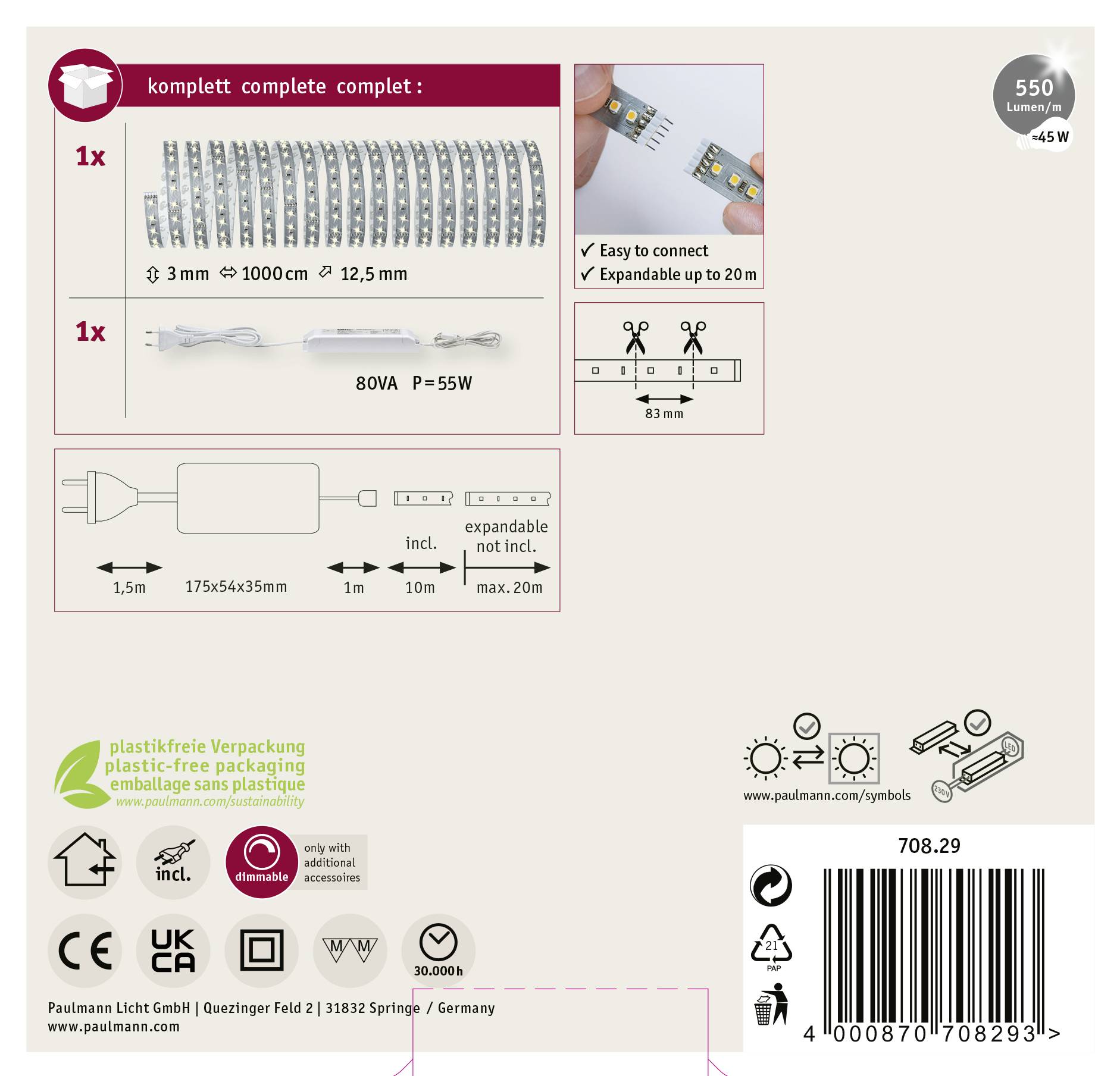 Paulmann MaxLED 500 70829 LED-Streifen-Basisset mit Stecker 24V 10m Warmweiß 1St.