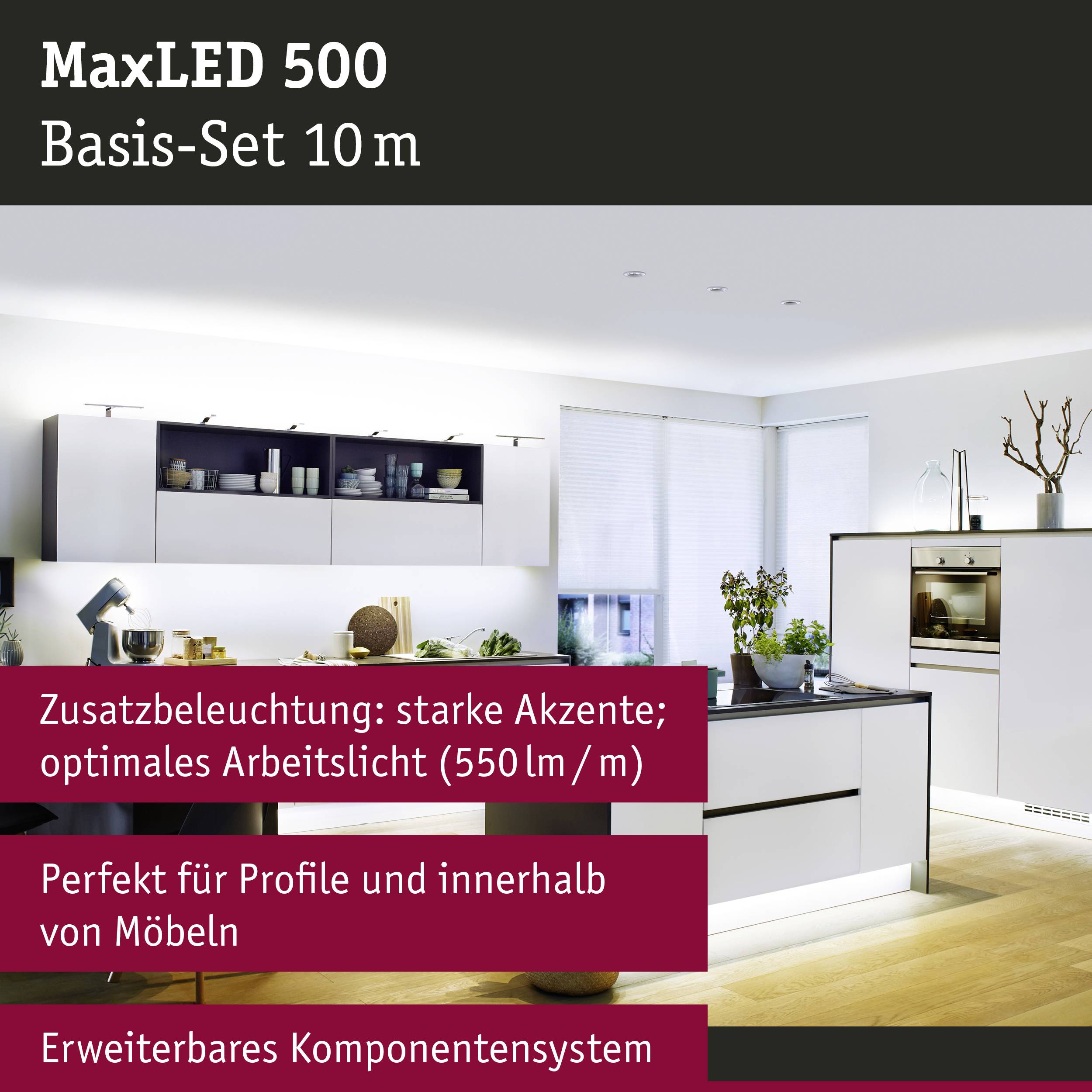 Moderne Küche mit LED-Beleuchtung. Text in Bild: 'MaxLED 500', 'optimale Ausleuchtung', 'perfekt für Möbel'.