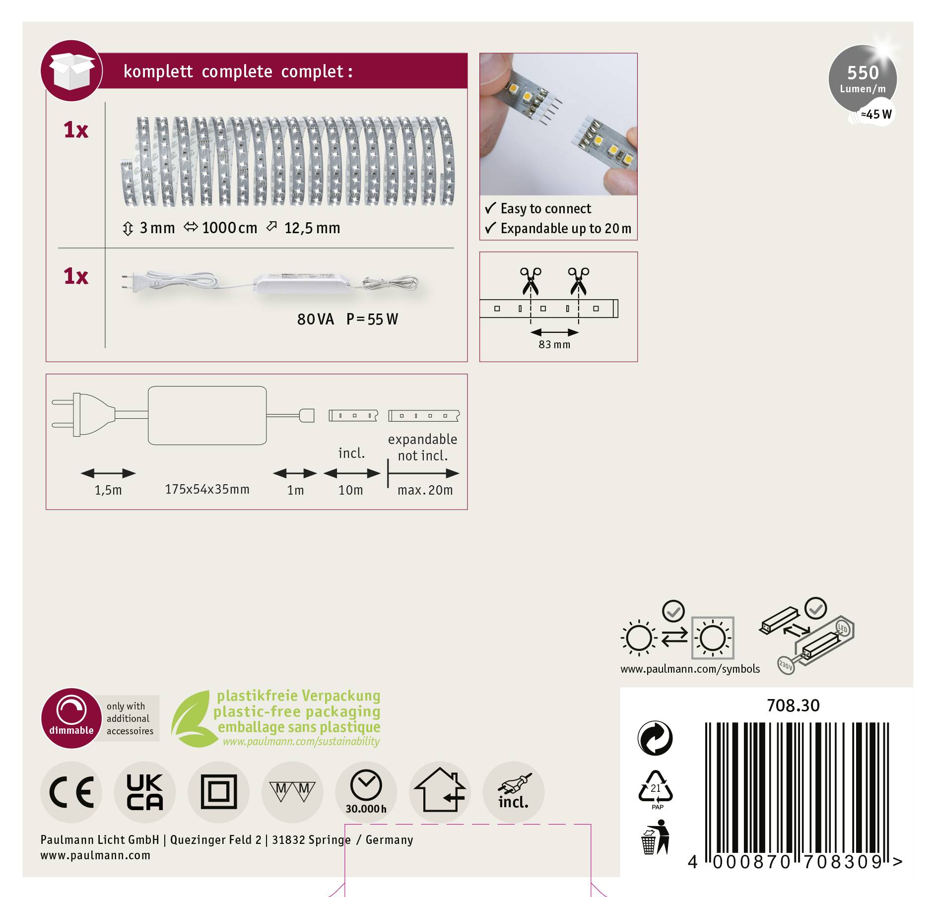 Paulmann MaxLED 500 70830 LED-Streifen-Basisset mit Stecker 24V 10m Tageslichtweiß 1St.