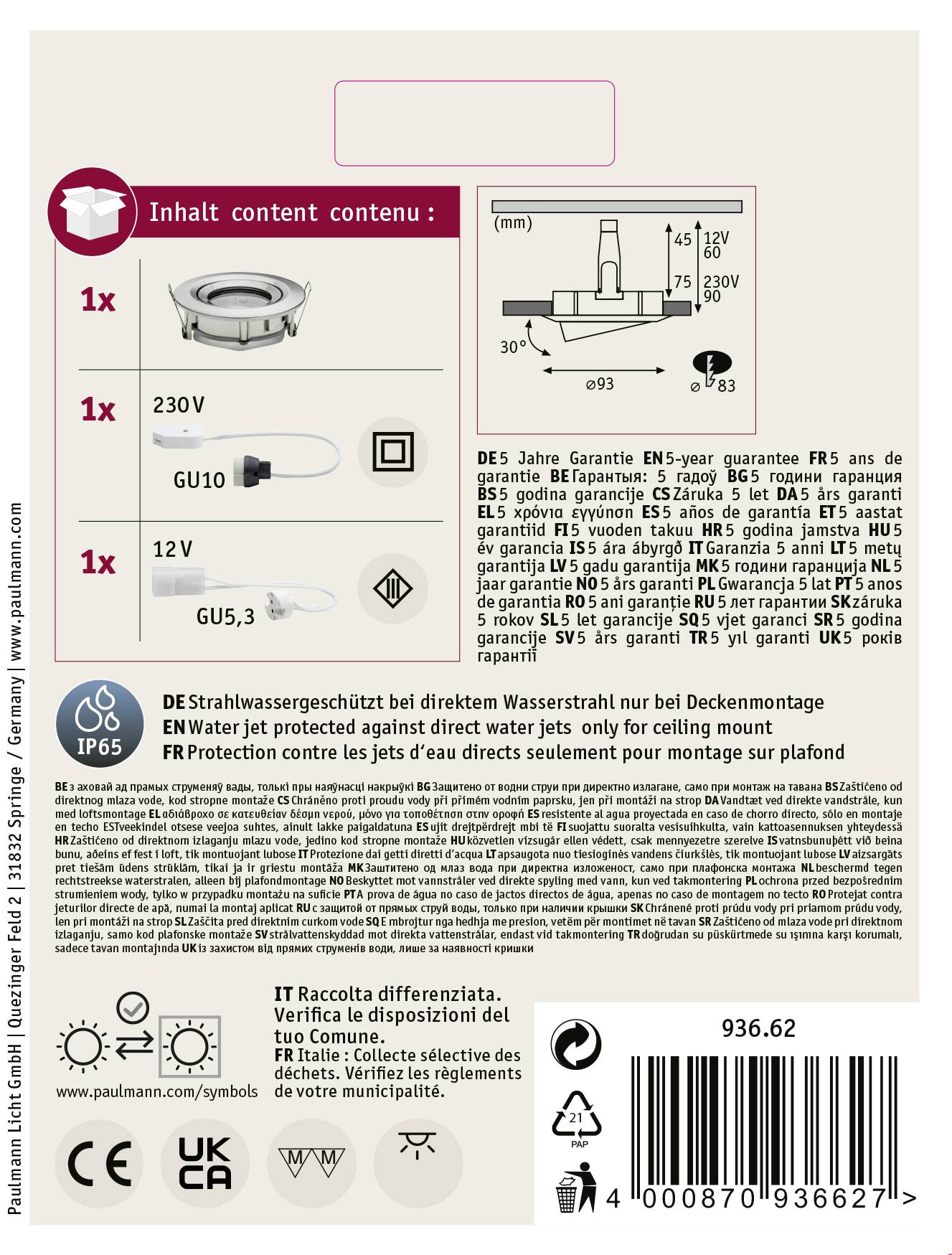 Paulmann Nova Bad-Einbauleuchte Halogen, Energiesparlampe GU10, GU5.3 35W IP65 Eisen (gebürstet)