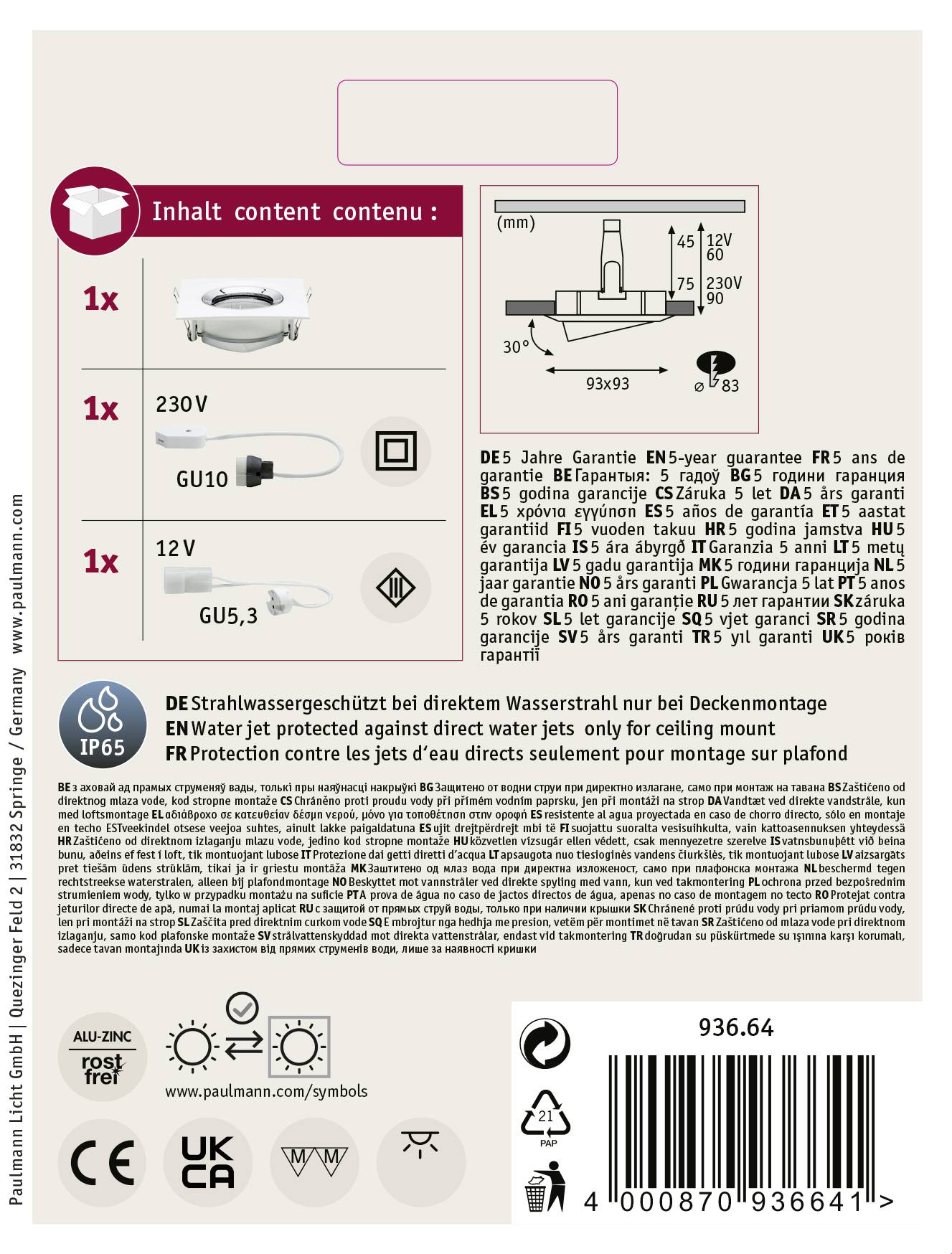 Paulmann Nova Bad-Einbauleuchte Halogen GU10, GU5.3 35W IP65 Weiß (matt), Chrom