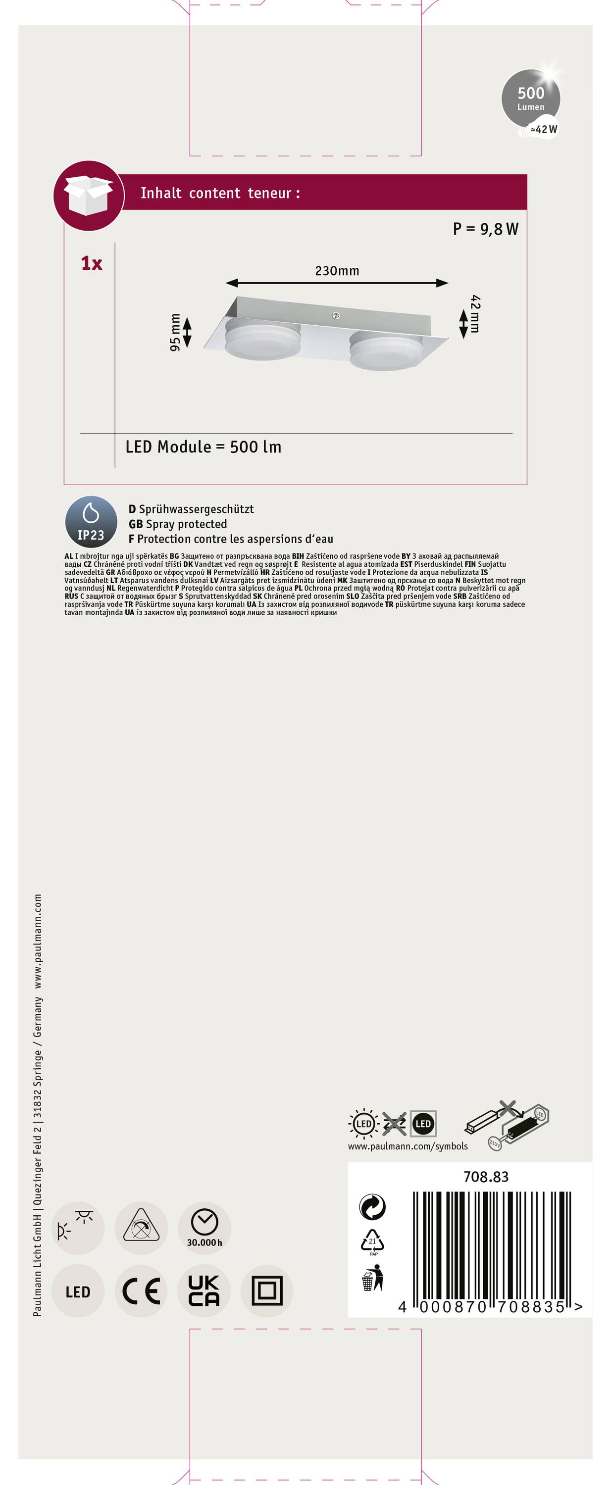 Paulmann Doradus 70883 LED-Bad-Deckenleuchte 10 W Warmweiß Chrom