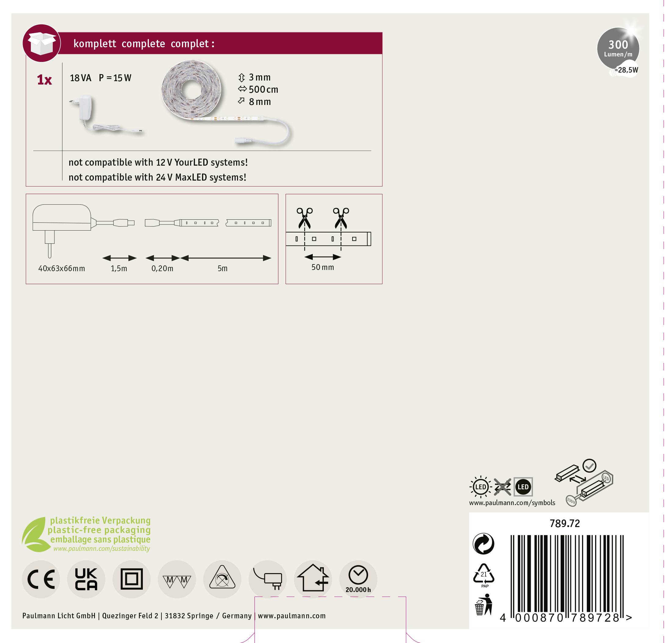 Verpackung einer LED-Lichtleiste. Enthält Details zur Länge (3m) und Leistung (18W). Nicht kompatibel mit einigen Beleuchtungssystemen.