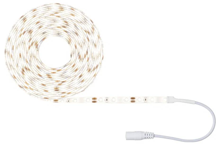 Ein weißer LED-Streifen in kreisförmiger Anordnung mit einem Anschlusskabel rechts. Ideal für dekorative Beleuchtungszwecke.