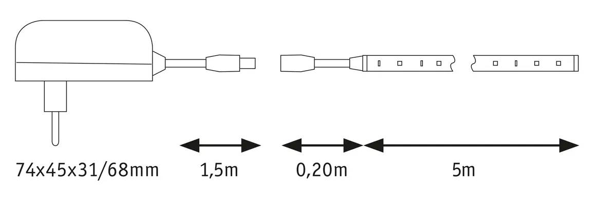 Steckdosenleiste mit Netzteil. Maße: 74x45x31/68mm, Kabelabschnitte: 1,5m, 0,20m, 5m.