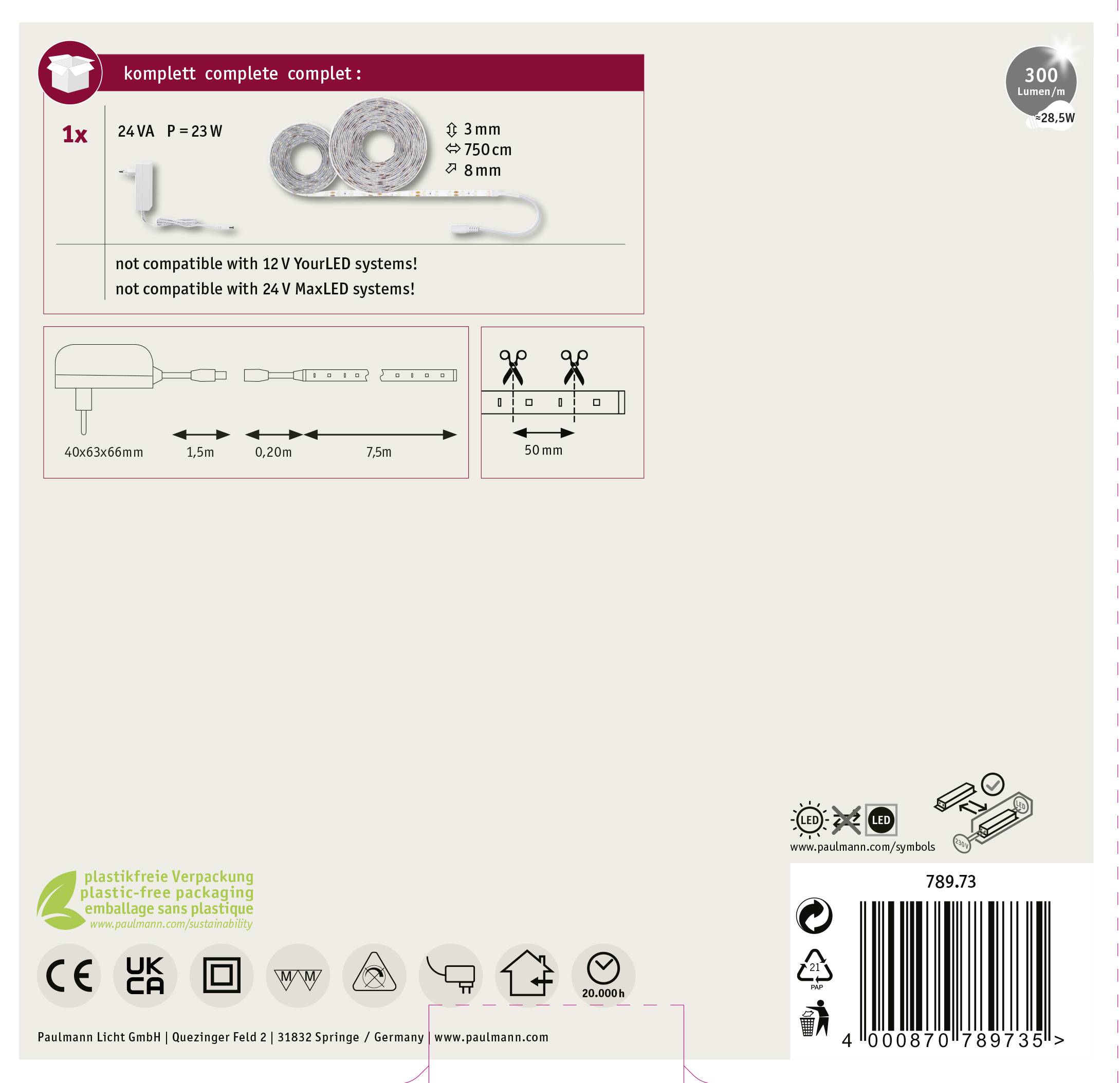 Paulmann SimpLED 78973 LED-Streifen-Komplettset mit Stecker 12V 7.5m Warmweiß 1St.
