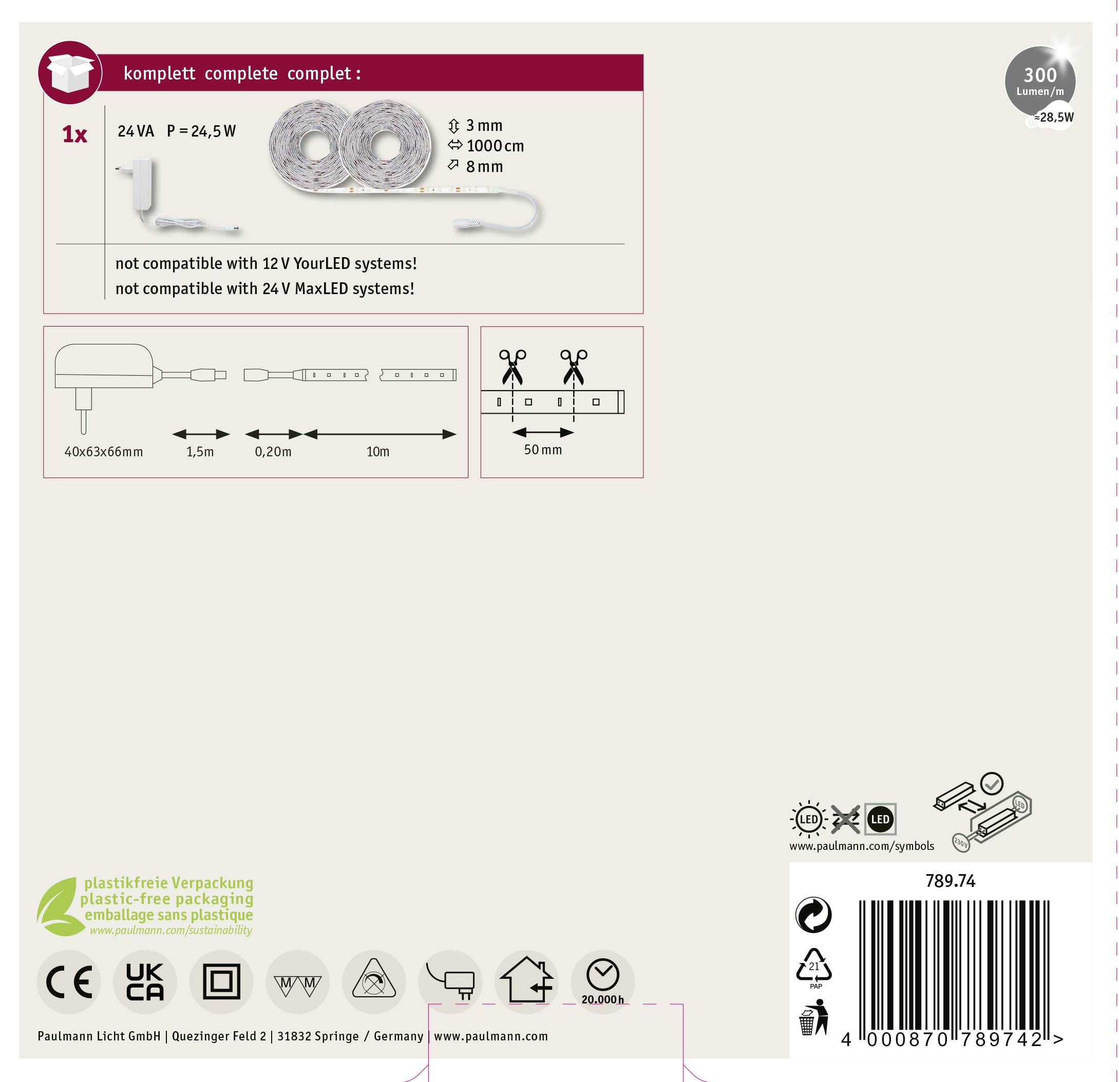 Paulmann SimpLED 78974 LED-Streifen-Komplettset mit Stecker 12V 10m Warmweiß 1St.