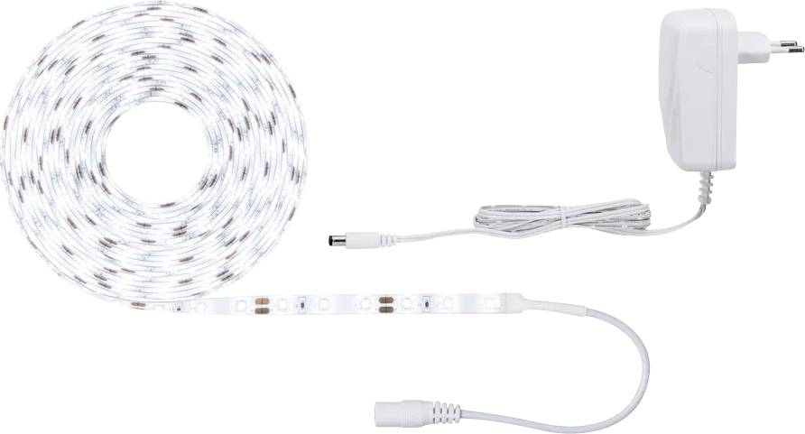 LED-Lichtstreifen mit Netzteil. Der Streifen ist aufgerollt, mit sichtbaren LEDs und Anschlusskabel.