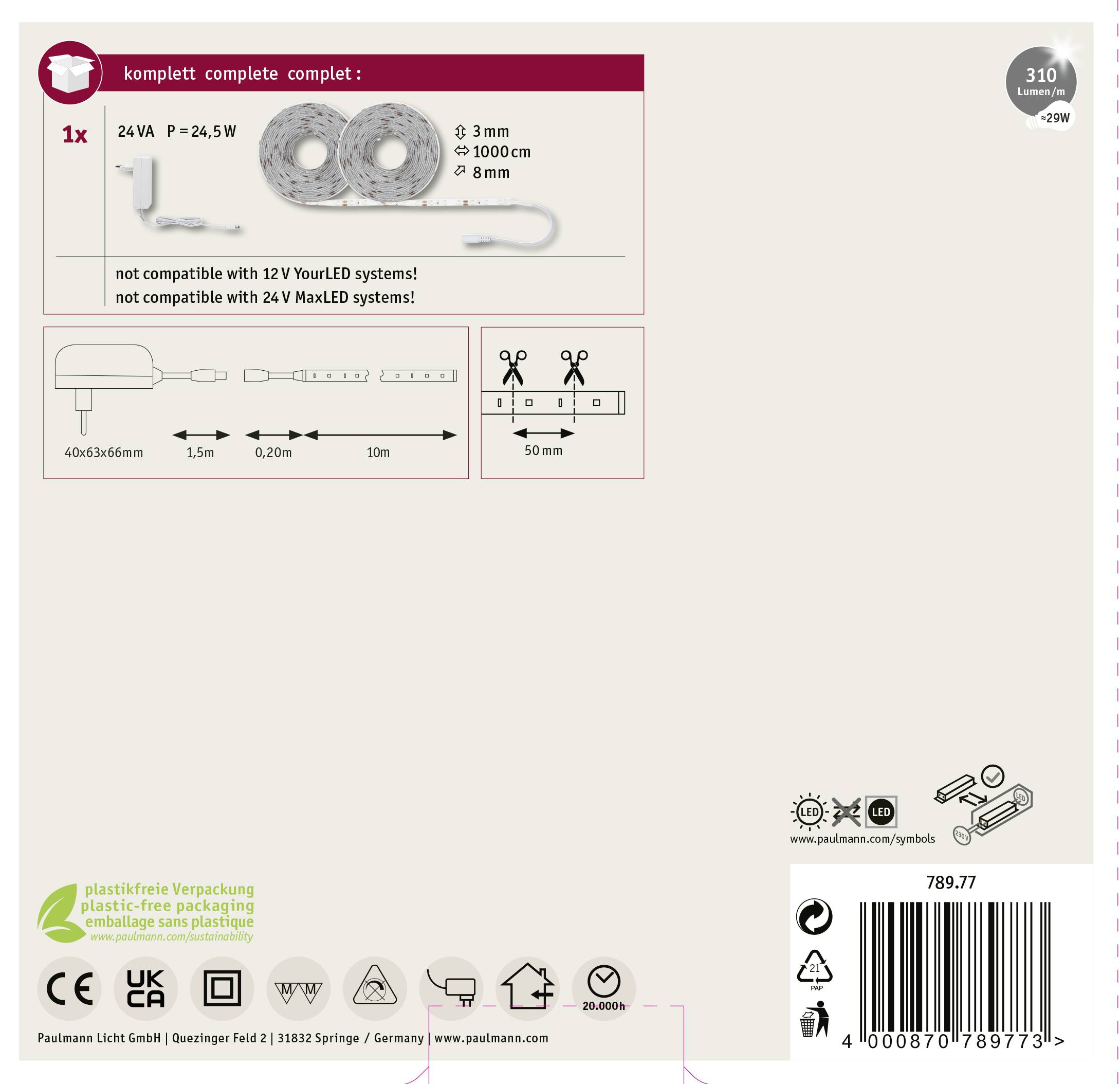 Paulmann SimpLED 78977 LED-Streifen-Komplettset mit Stecker 12V 10m Tageslichtweiß 1St.