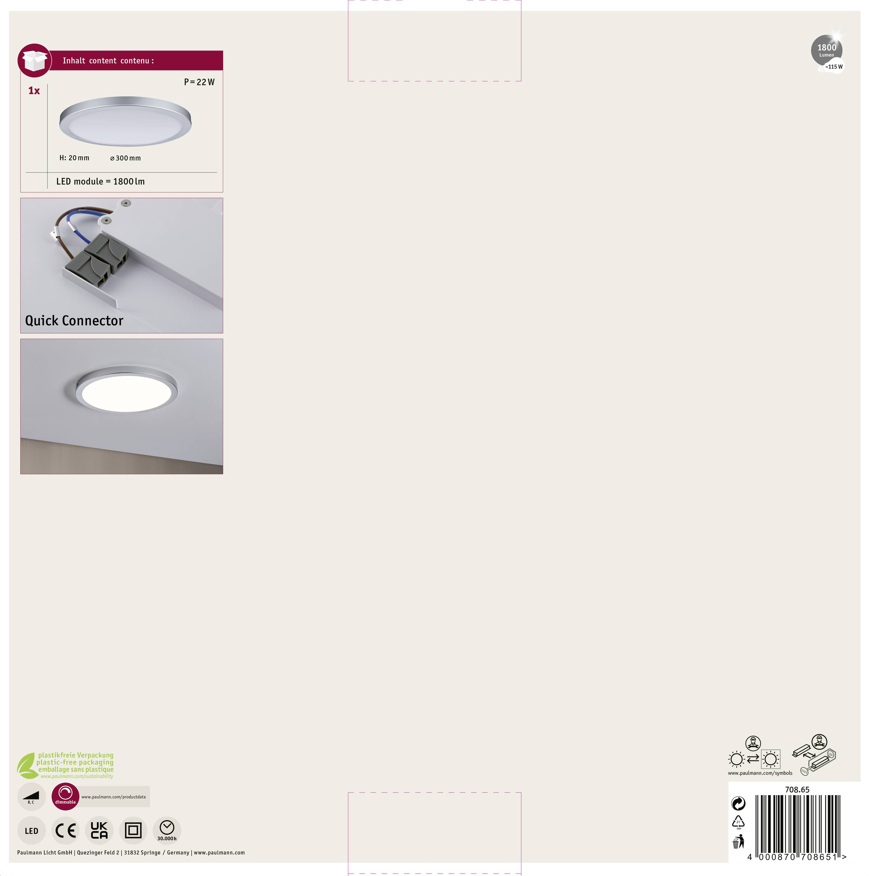 Paulmann Atria 70865 LED-Panel 22 W Warmweiß Chrom (matt)