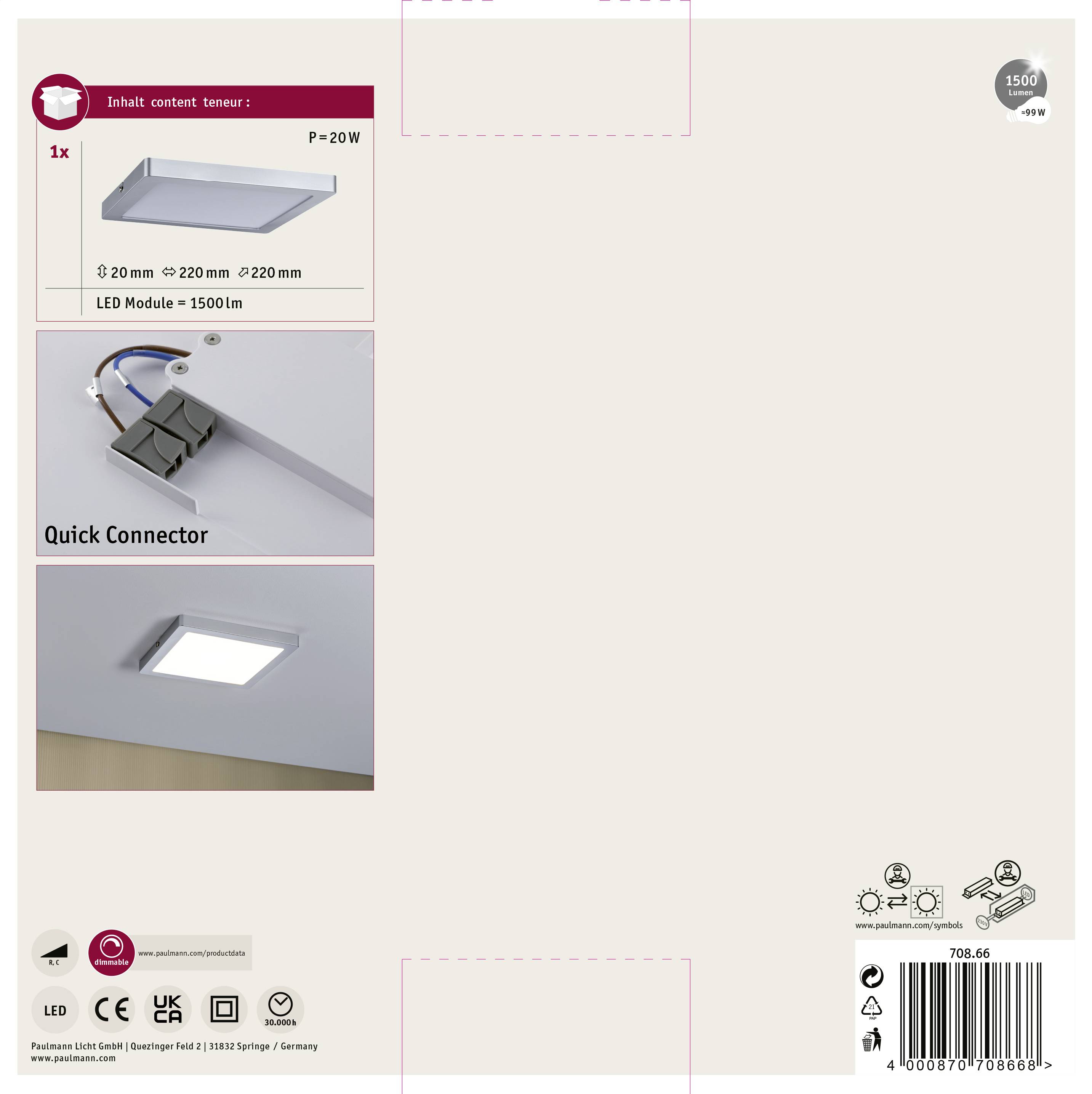 Paulmann Atria 70866 LED-Panel 20W Warmweiß Chrom (matt)