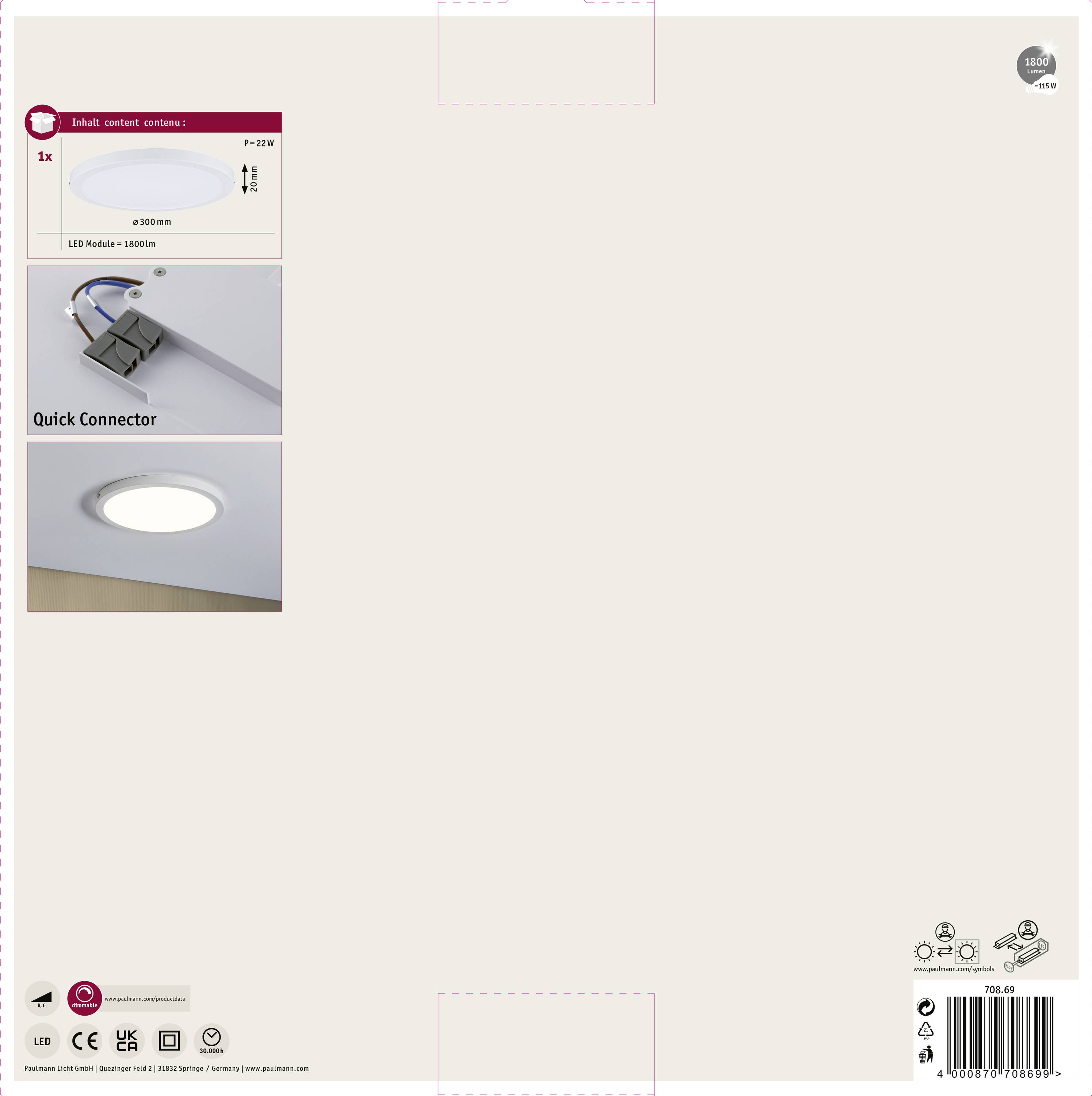 Paulmann Atria 70869 LED-Panel 22W Warmweiß Weiß (matt)