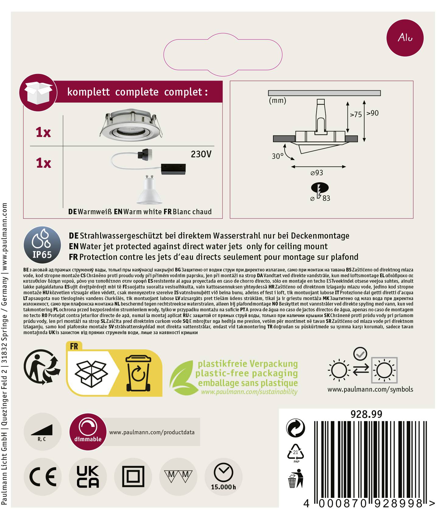 Paulmann Nova Bad-Einbauleuchte LED GU10 7W IP65 Eisen (gebürstet)
