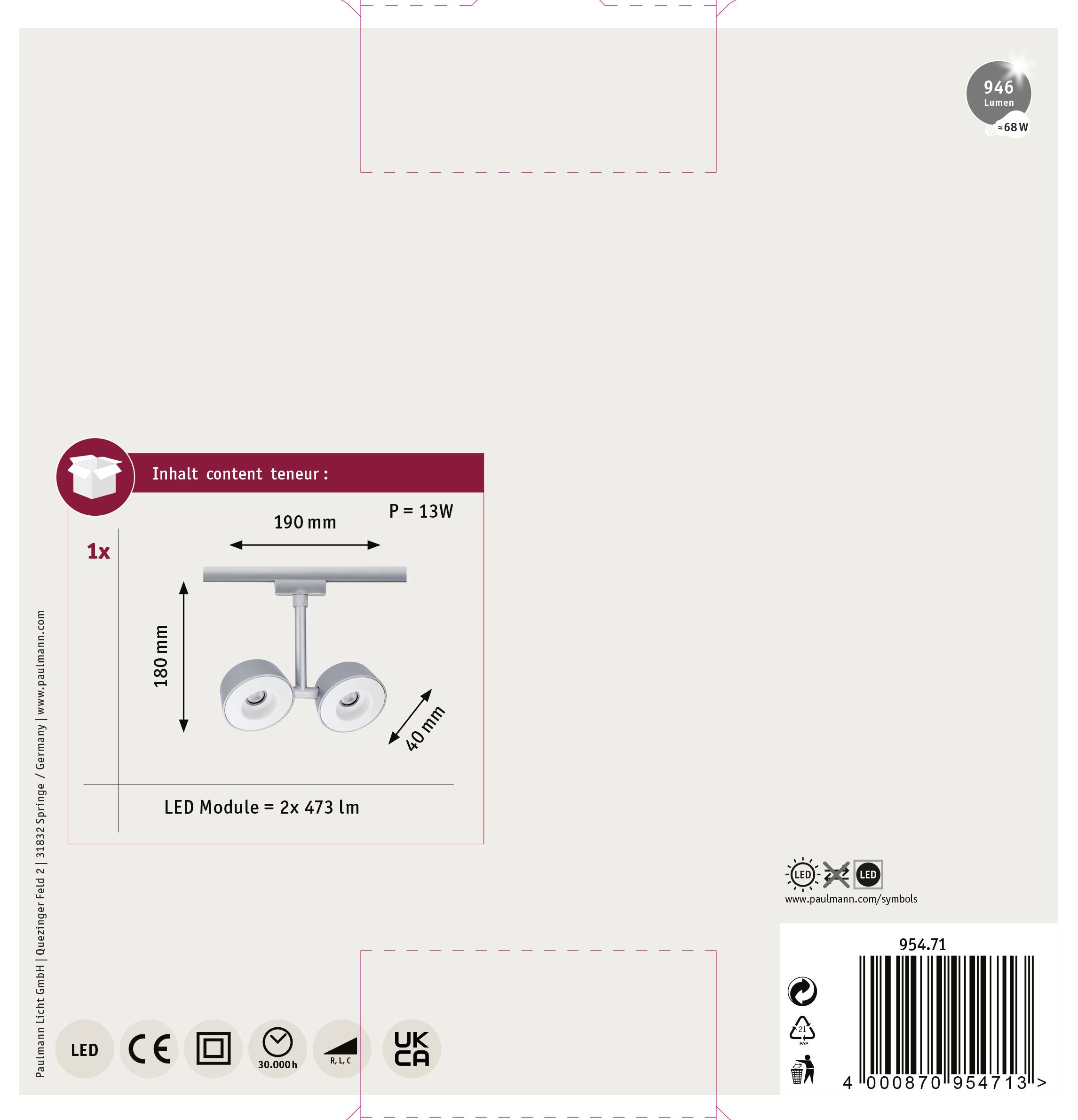 Paulmann Hochvolt-Schienensystem-Leuchte URail LED fest eingebaut 8W LED Pellet Chrom