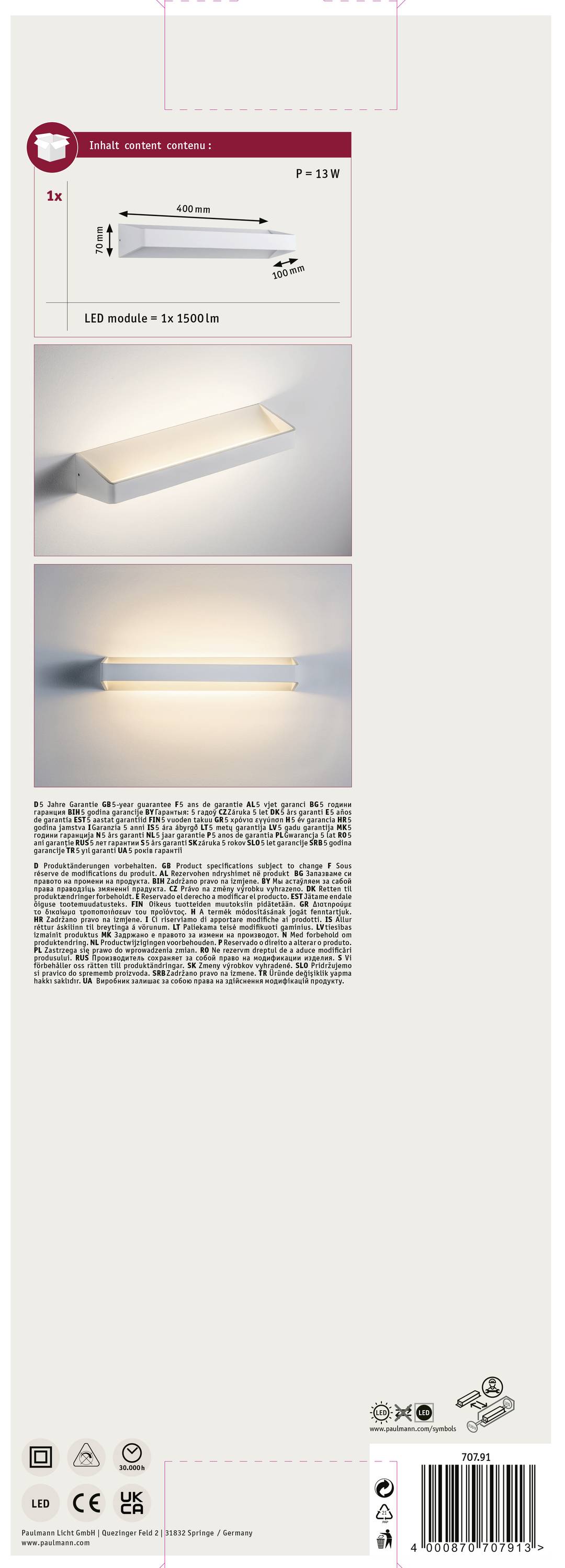 Paulmann Bar 70791 LED-Wandleuchte 10.5W Weiß