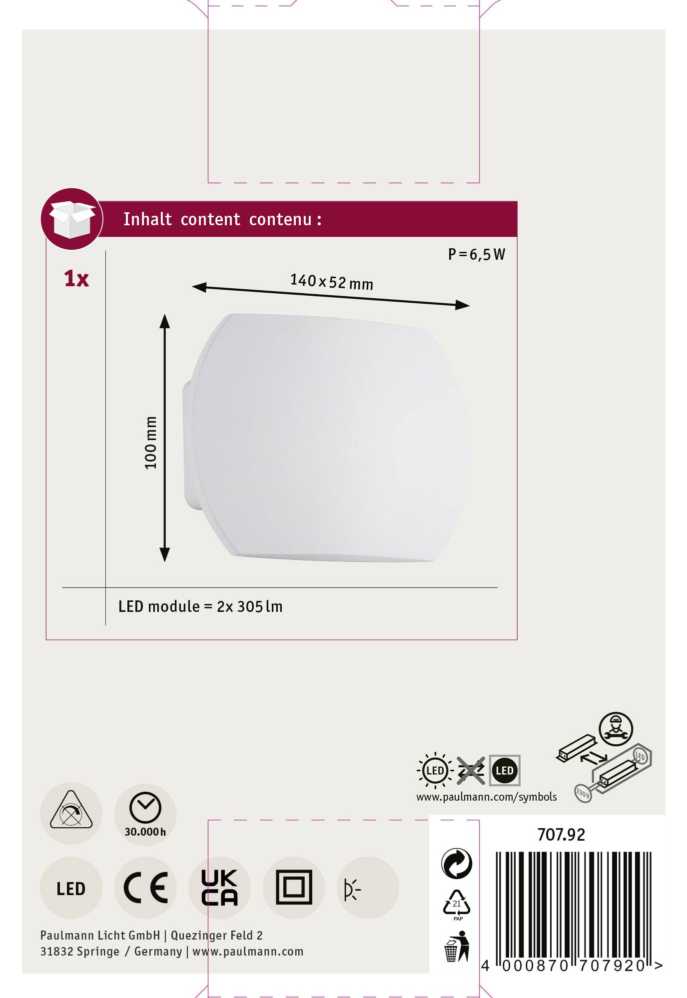 Paulmann Bocca 70792 LED-Bad-Wandleuchte 6W Warmweiß Weiß