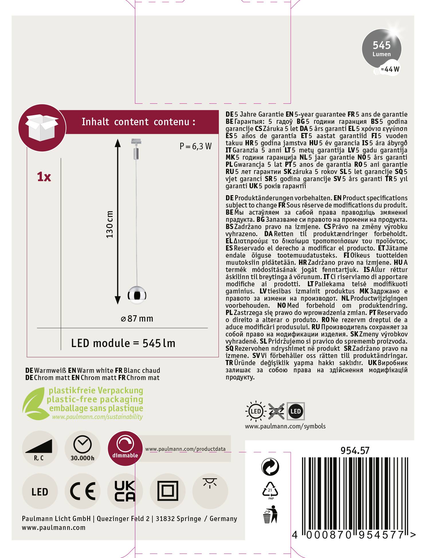 Paulmann Capsule II Hochvolt-Schienensystem-Leuchte URail LED fest eingebaut 6 W LED Chrom (matt), Chrom