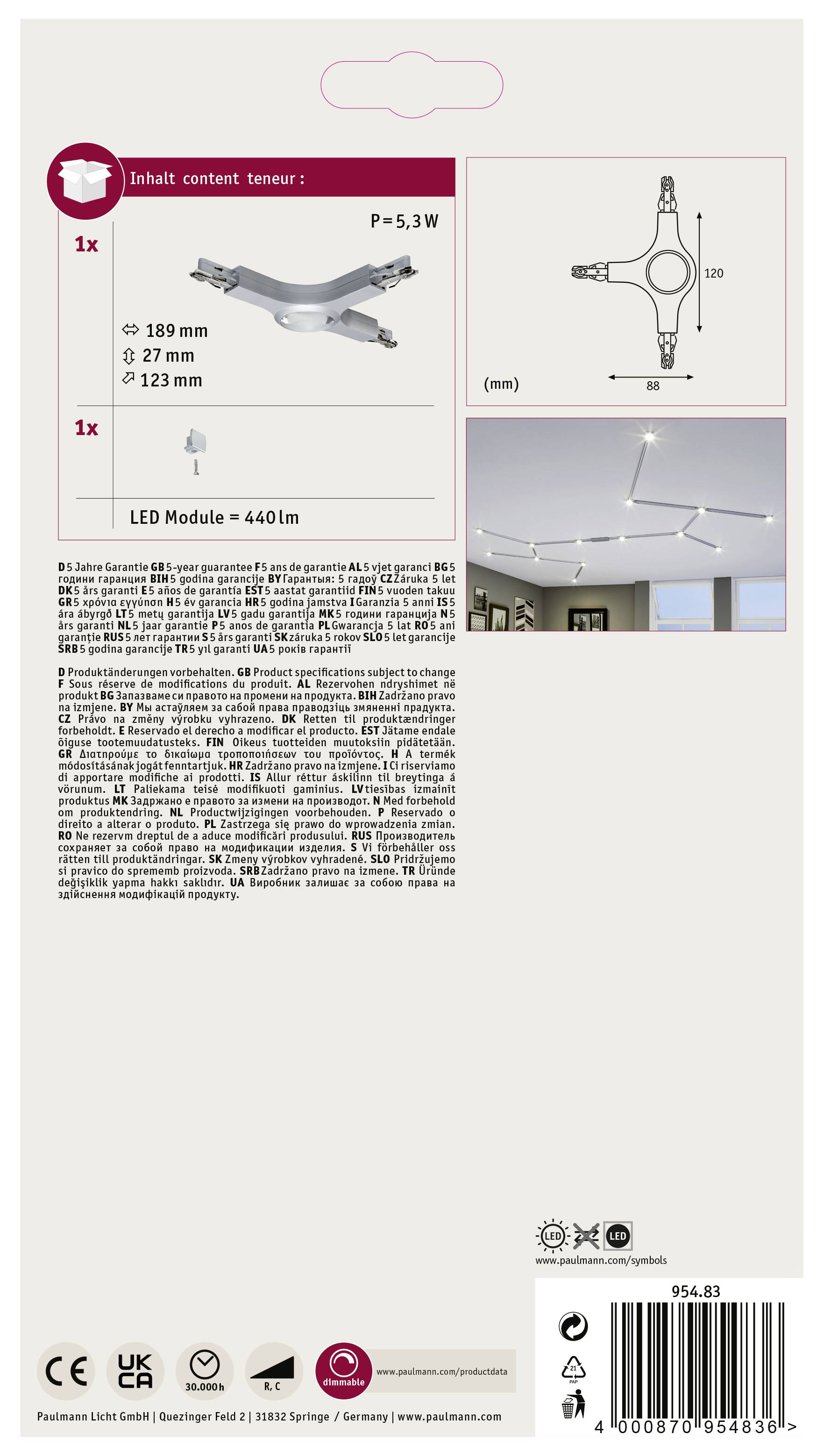 Paulmann 95483 Hochvolt-Schienensystem-Komponente T-Verbinder Chrom (matt)