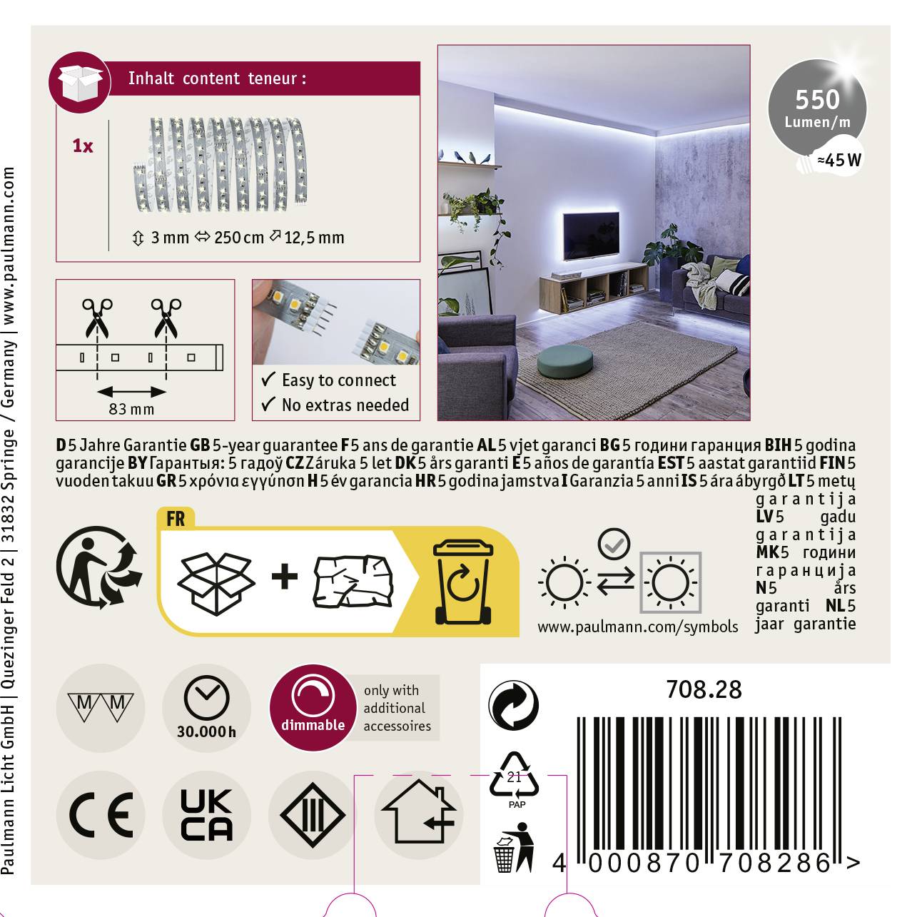Paulmann MaxLED 500 70828 LED-Streifen-Erweiterung mit Stecker 24V 2.5m Tageslichtweiß 1St.