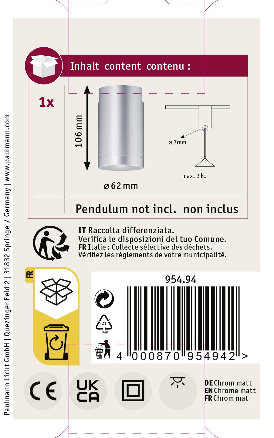 Paulmann 95494 Hochvolt-Schienensystem-Komponente Pendelabhängung Chrom (matt)