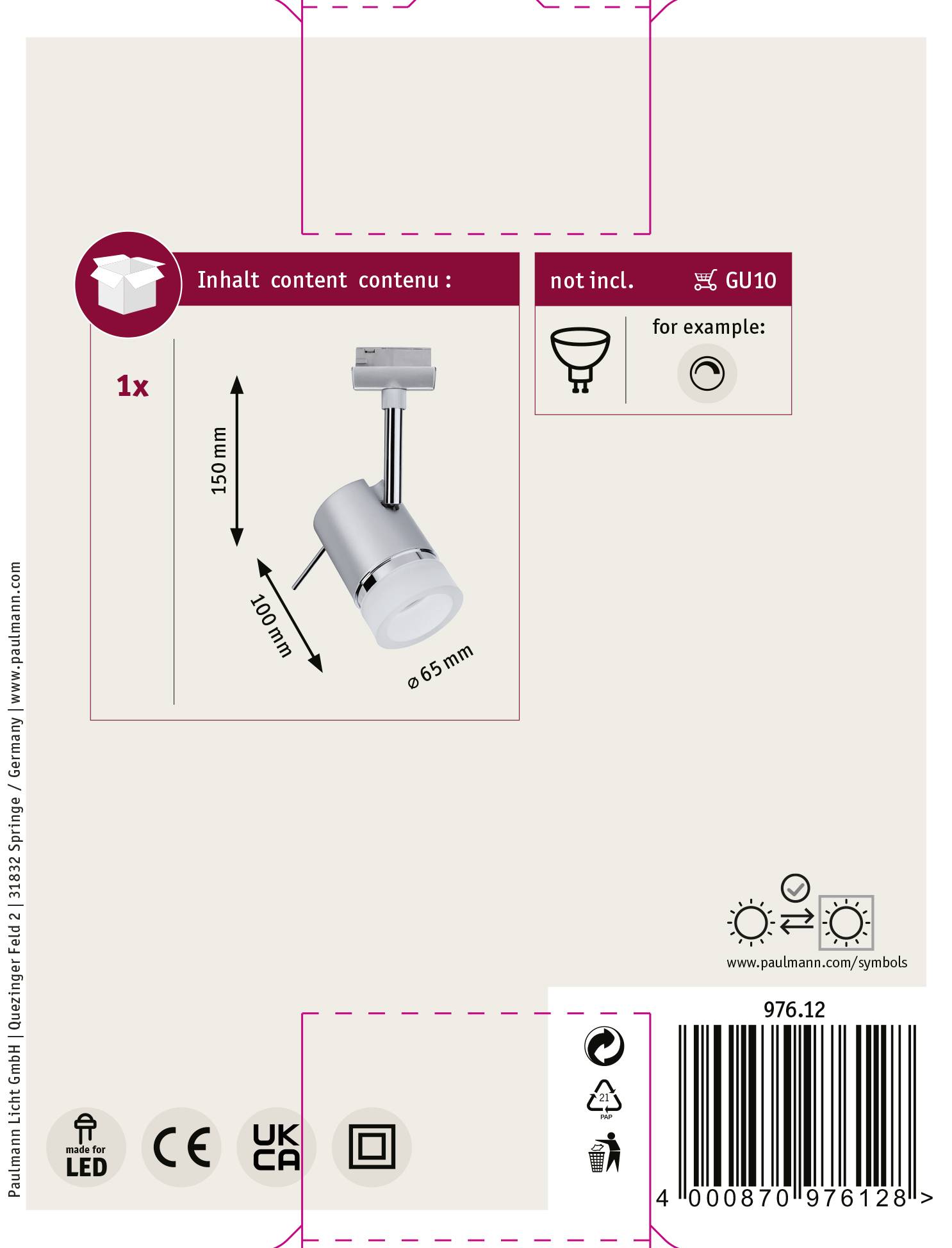 Paulmann Pipe Hochvolt-Schienensystem-Leuchte URail GU10 10W LED Chrom (matt), Chrom