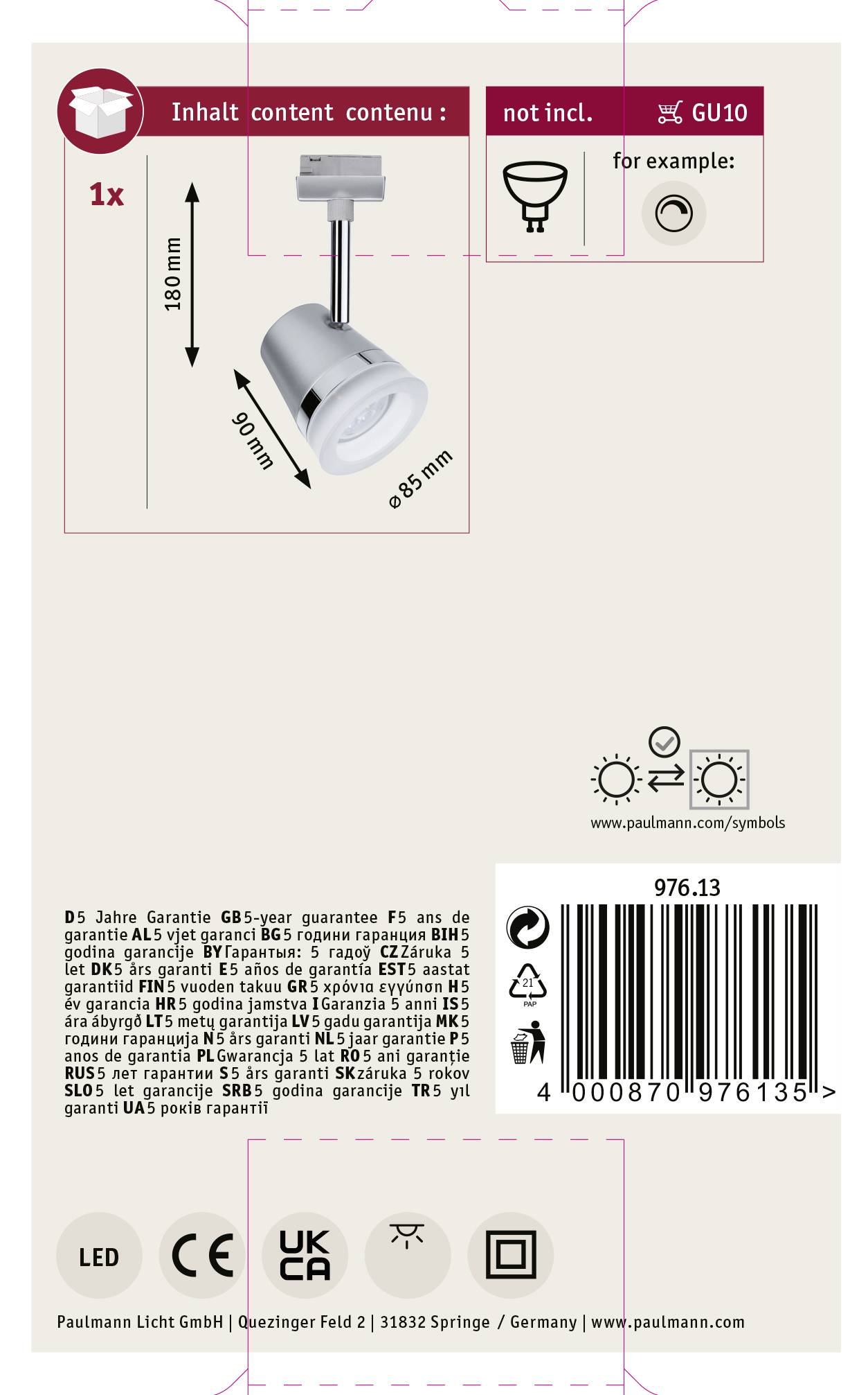 Paulmann Cone Hochvolt-Schienensystem-Leuchte URail GU10 10 W LED Chrom (matt), Chrom