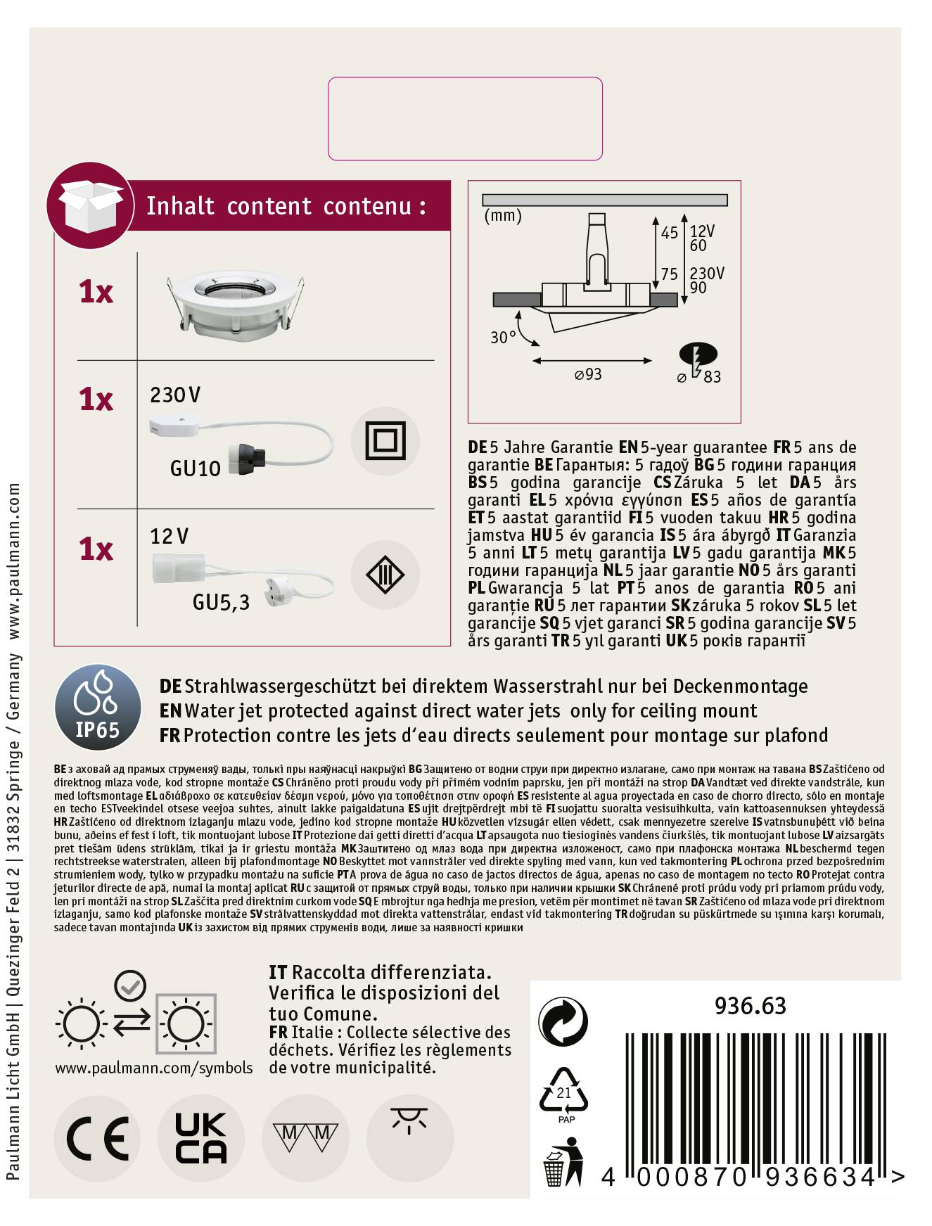 Paulmann Nova Bad-Einbauleuchte Halogen GU10 35W IP65 Weiß (matt), Chrom