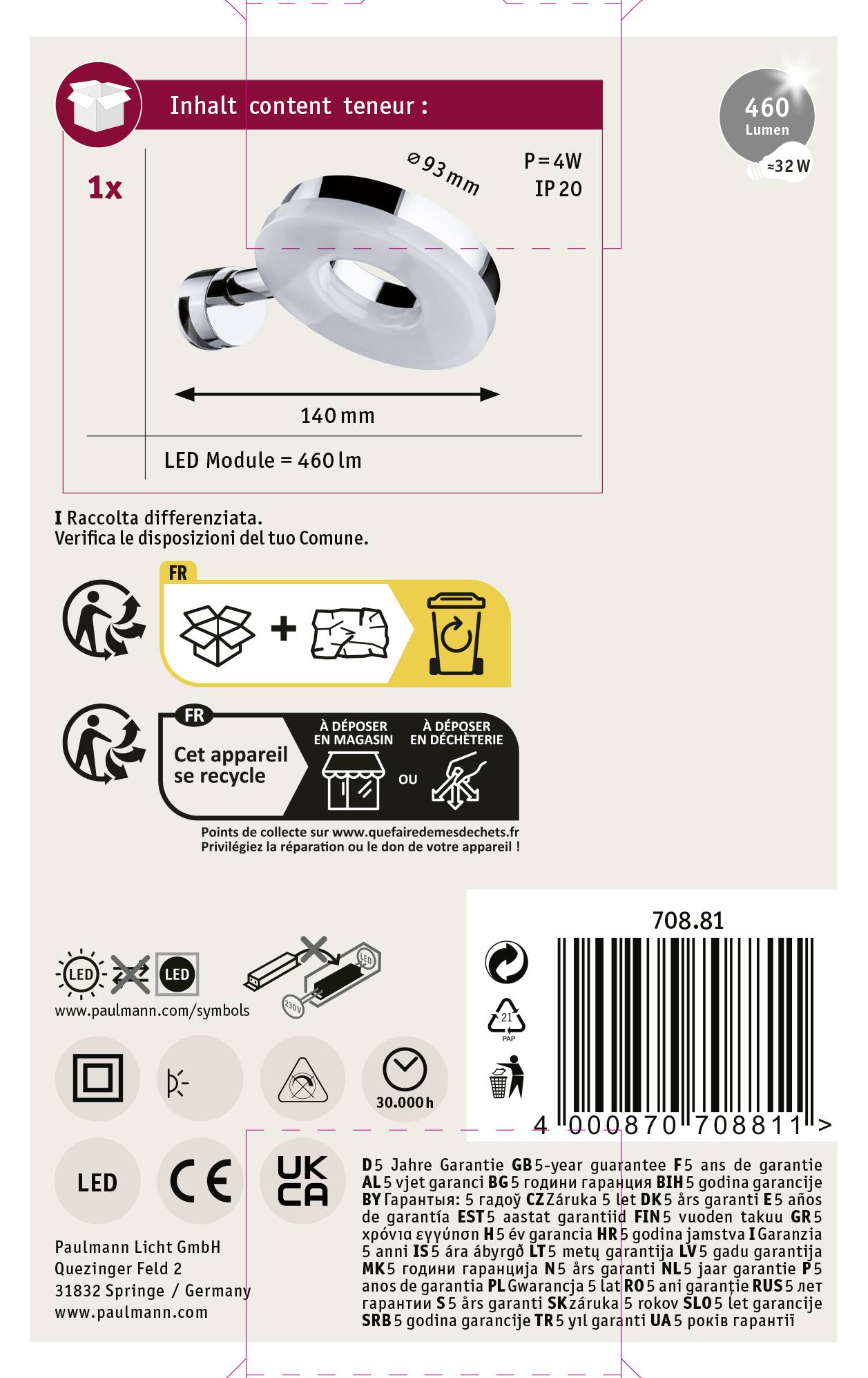 Paulmann Becrux 70881 LED-Spiegelleuchte 4W Warmweiß Chrom
