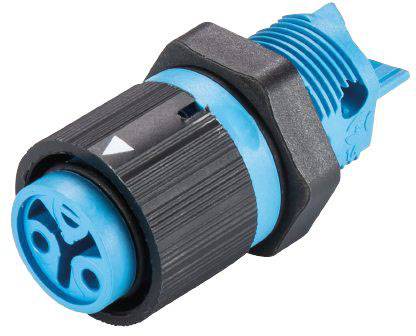 Stecker mit blauem und schwarzem Gehäuse; runde Form mit mehreren Anschlüssen. Dient zur elektrischen Verbindung.