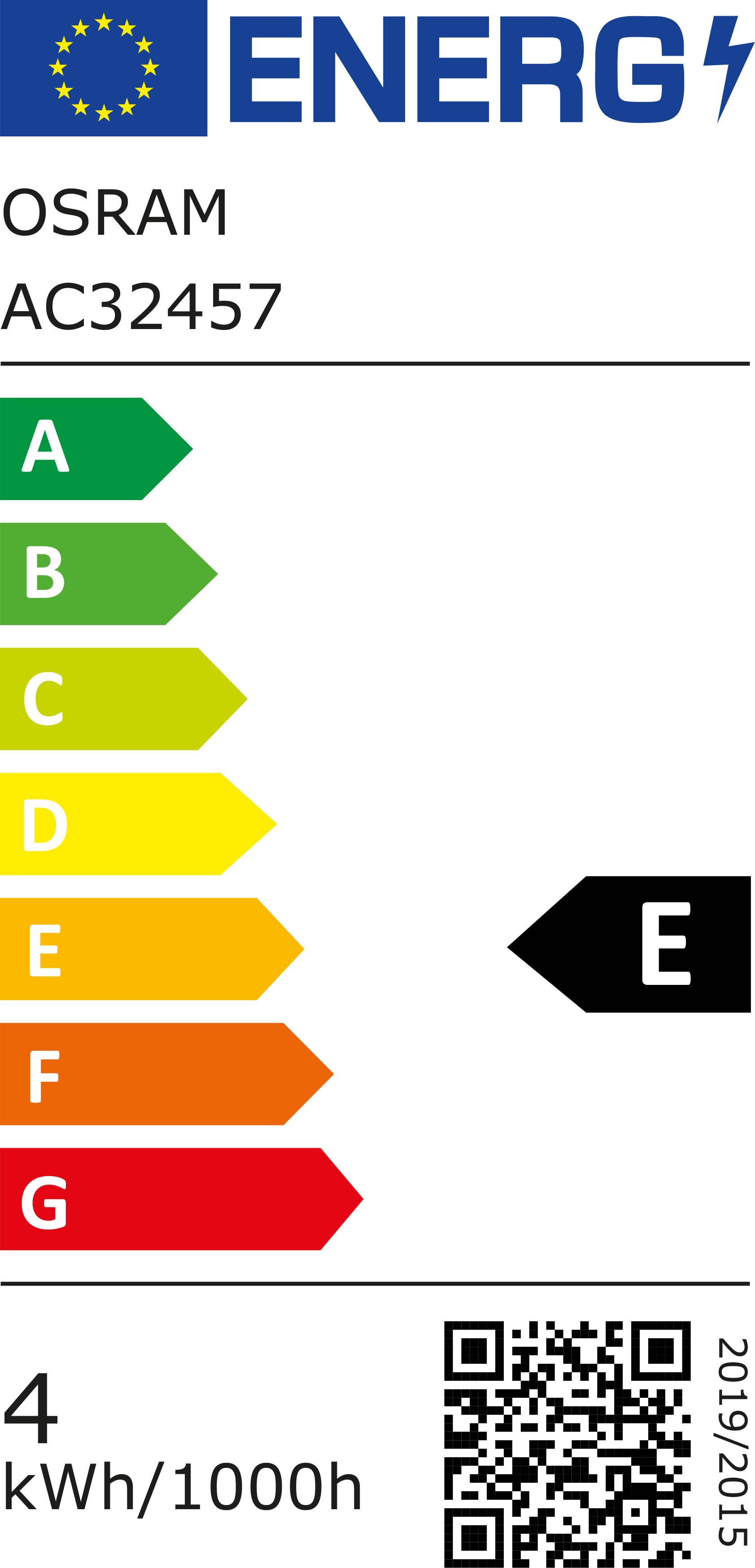 Energielabel für OSRAM AC32457, Energieeffizienzklasse E, geschätzter Verbrauch 4 kWh/1000h, farbige Skala von A (grün) bis G (rot).