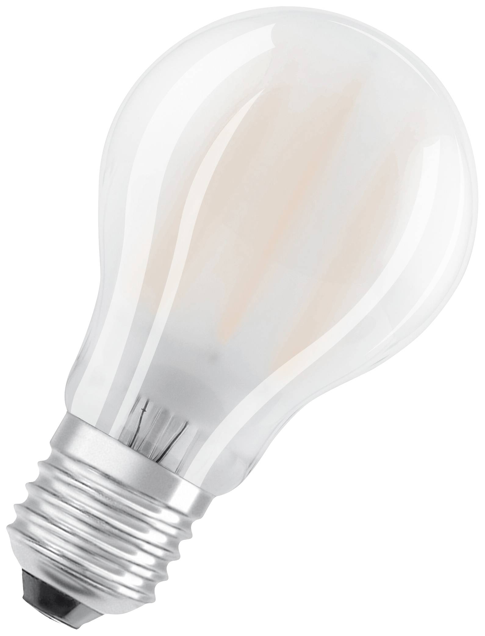 Glühbirne mit sichtbarem Gewinde und klarer Glaskuppel; steht vor weißem Hintergrund. Kein eingeschaltetes Licht sichtbar.