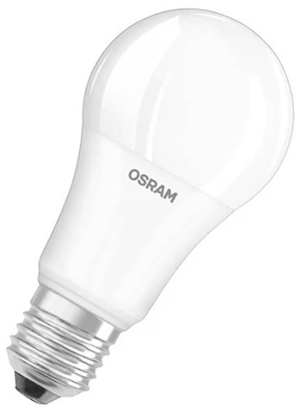 Eine weiße LED-Glühbirne mit der Aufschrift 'OSRAM' auf dem Gehäuse. Sie hat eine E27-Fassung.