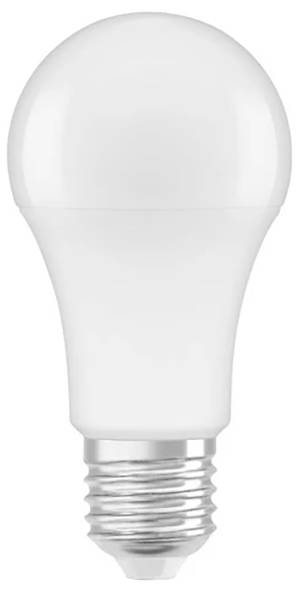 Eine energiesparende LED-Glühbirne mit weißem Gehäuse und Standard-E27-Gewinde.