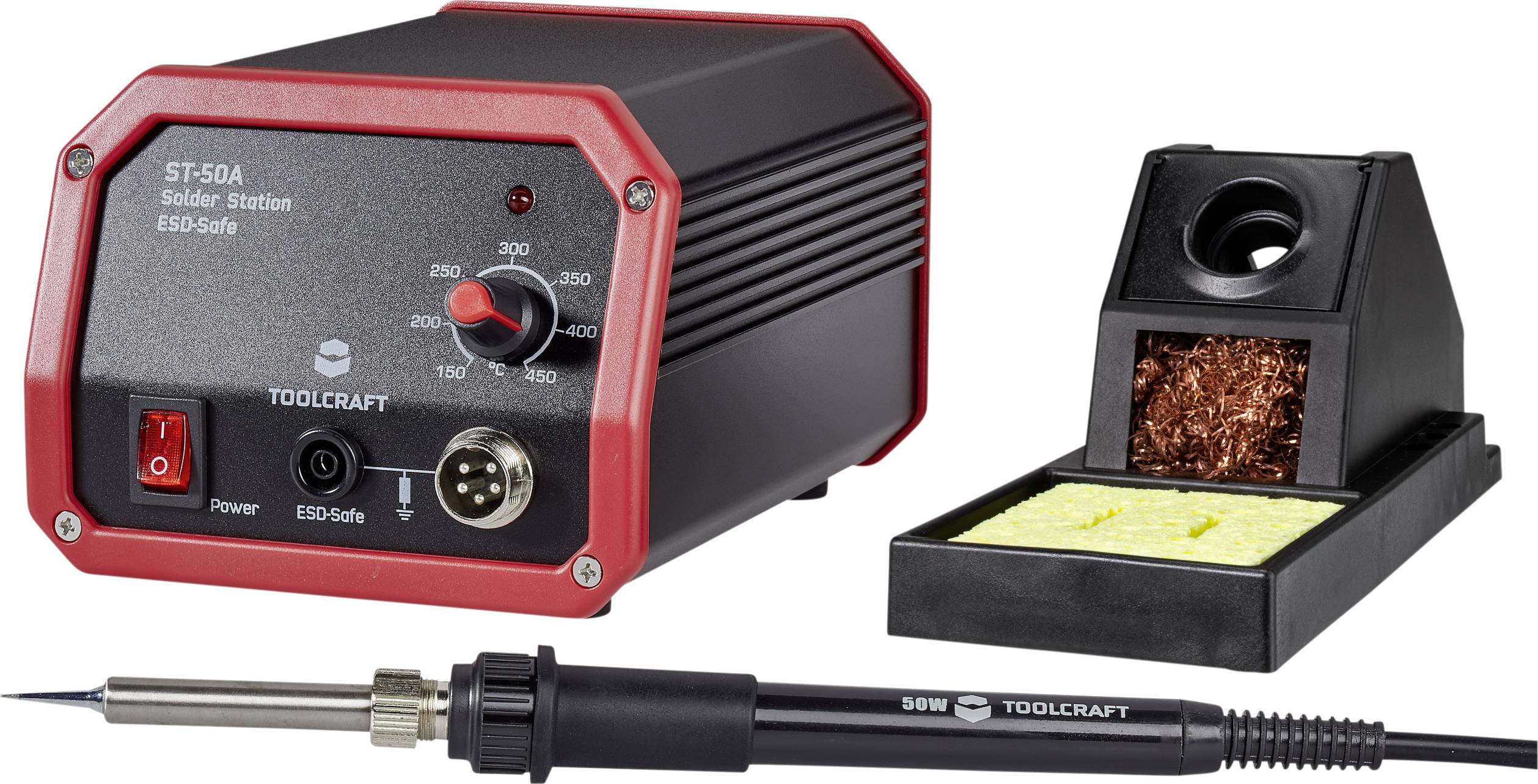 Lötstation mit Temperaturregelung, Lötkolben und Reinigungseinheit. Geeignet für präzises Arbeiten an elektronischen Bauteilen.