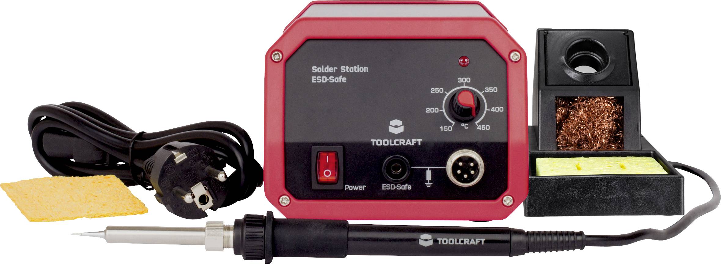 Lötstation mit Regelgerät, Lötkolben, Ständer, Kabel und Reinigungsschwamm. Geeignet für präzises Löten elektronischer Bauteile.