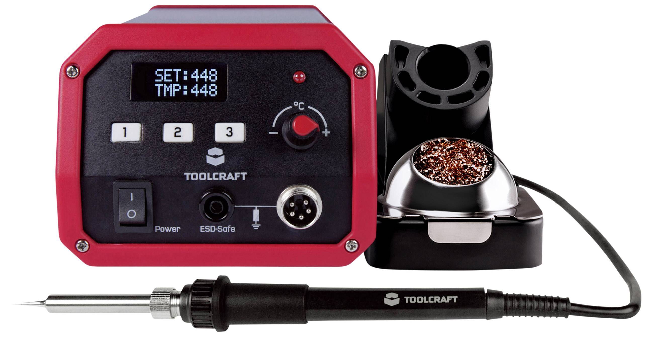 Lötkolben mit digitaler Steuerung, Anzeige für Temperatur 'SET:448' und 'TMP:448', schwarzer Halter mit Schwamm und Kabel.