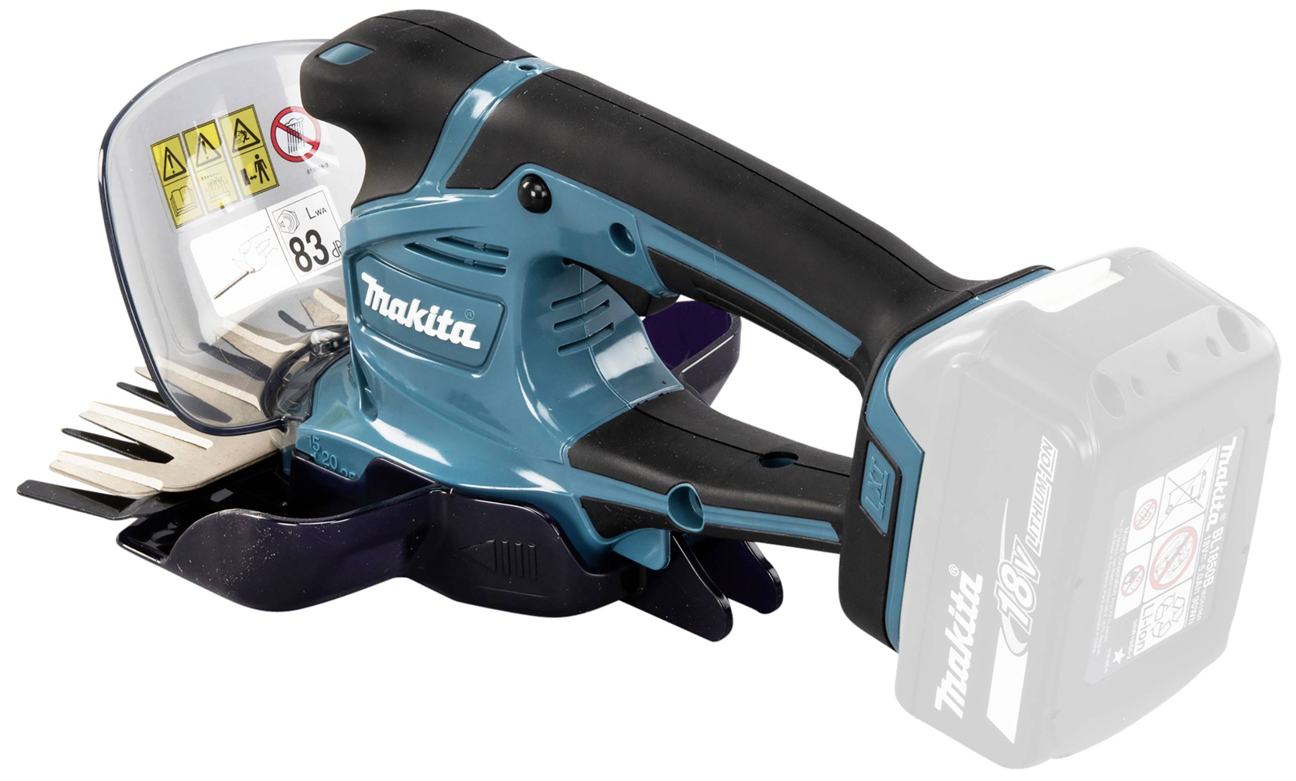Eine Makita Akku-Grasschere mit Schutzabdeckung und Li-Ion-Akku. Sie ist blau-schwarz und zum Trimmen von Gras konzipiert.