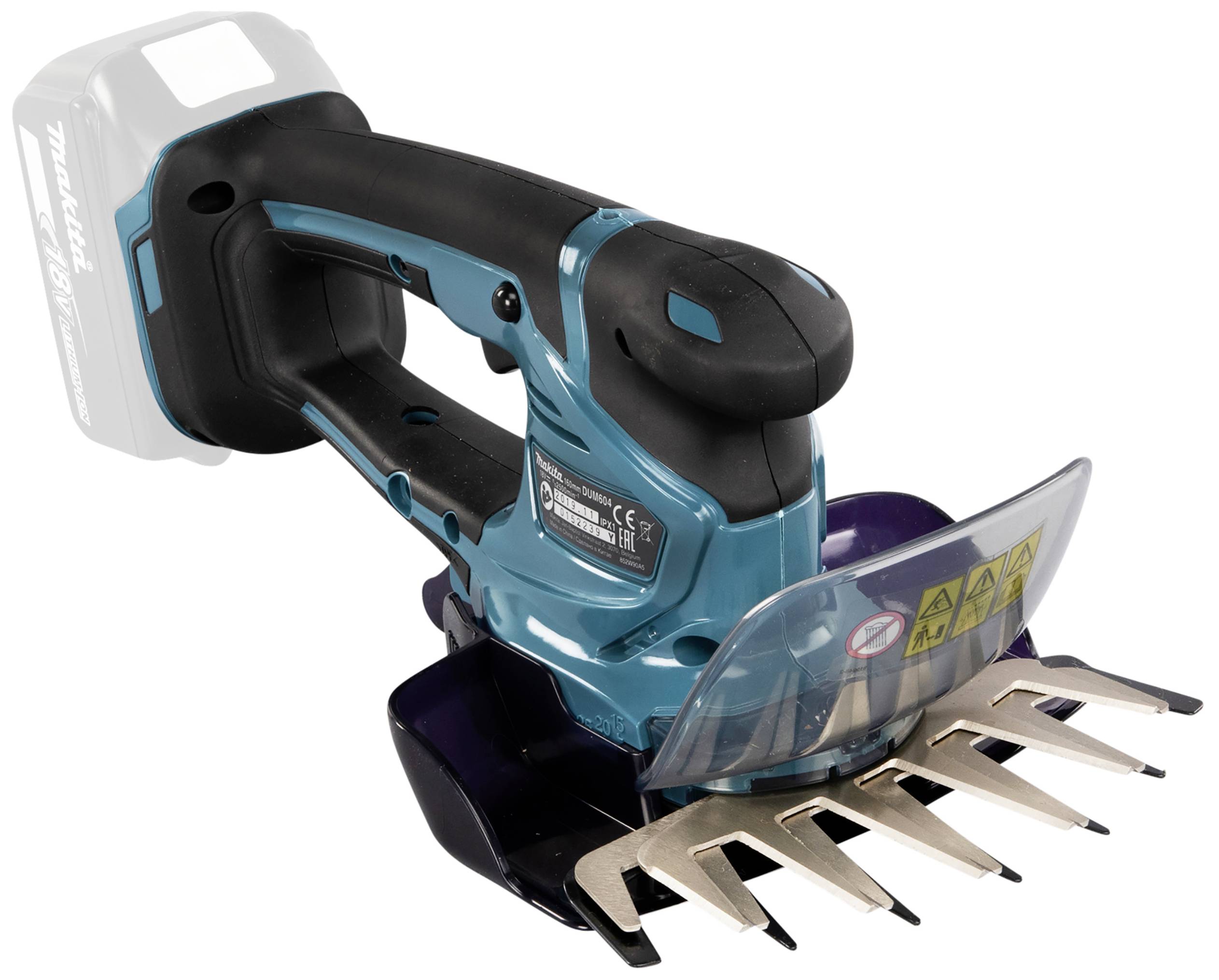 Ein blau-schwarzer kabelloser Rasentrimmer mit Schutzabdeckung und scharfen Klingen. Das Gerät hat einen ergonomischen Griff.