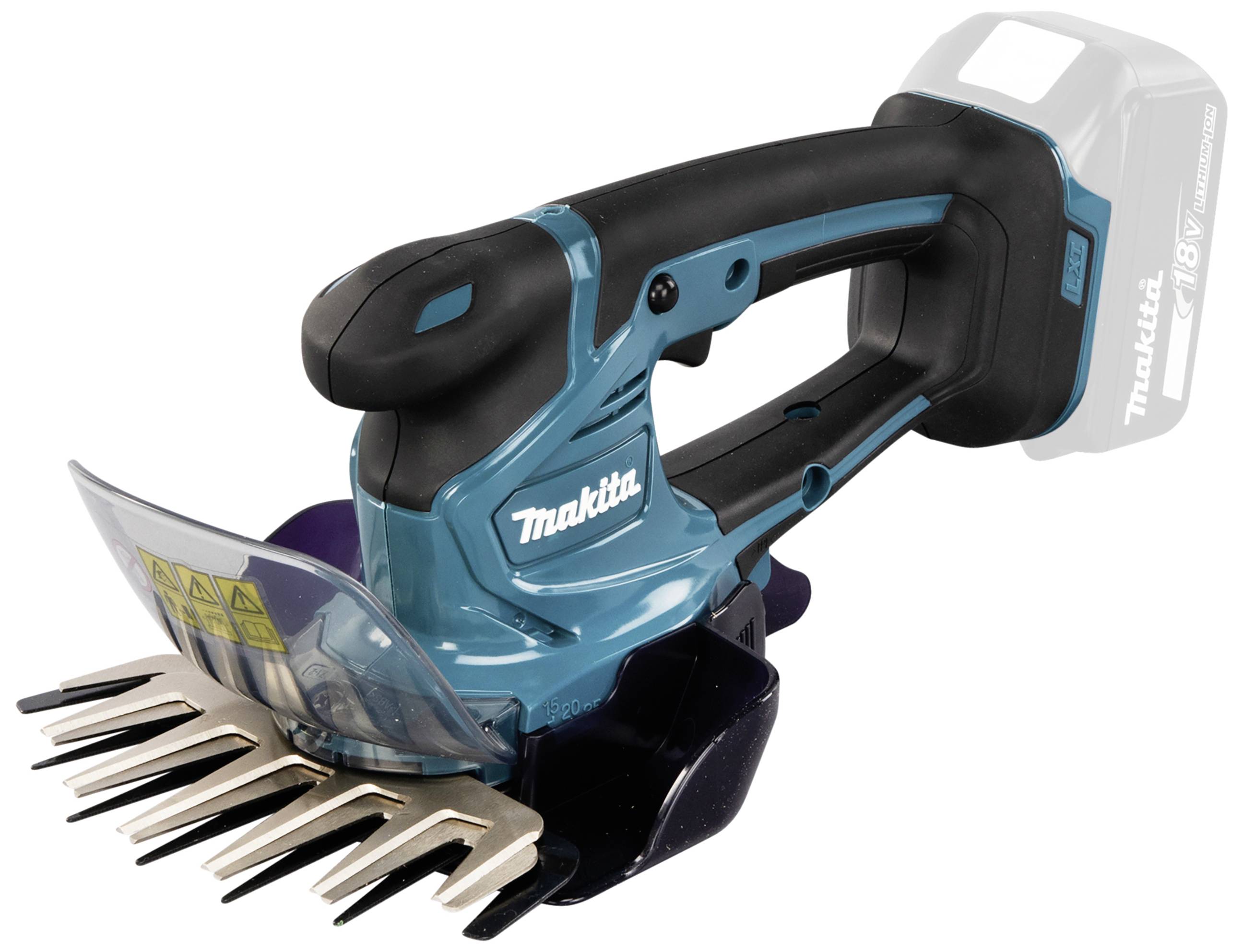 Eine blaue und schwarze elektrische Heckenschere von Makita mit einem durchsichtigen Schutzschild und mehreren Klingen.