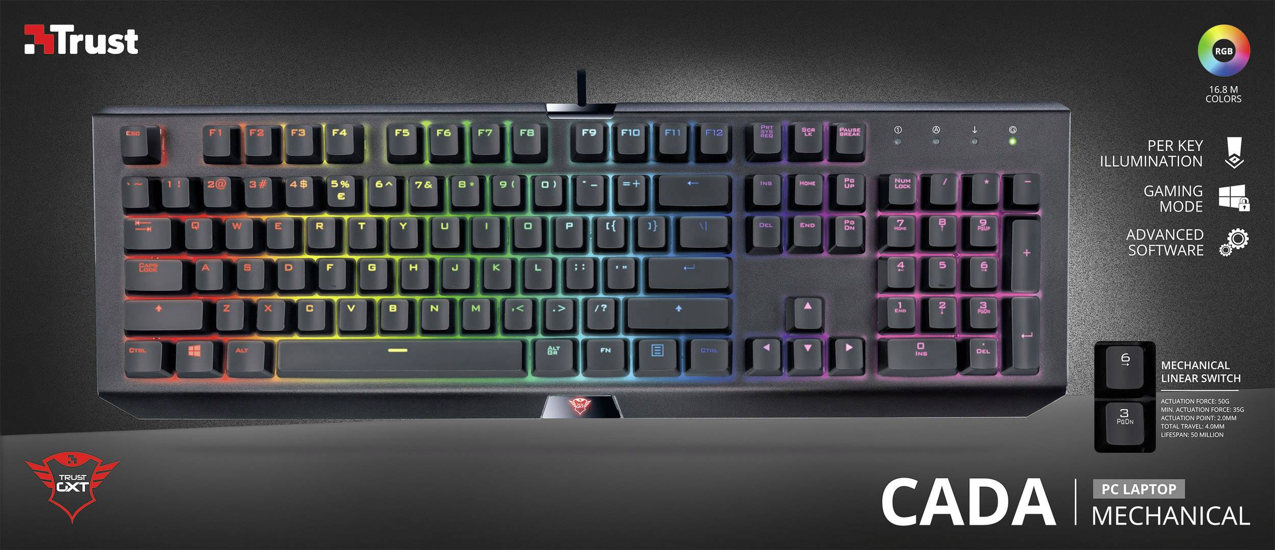 Trust GXT 890 Cada RGB USB Gaming-Tastatur Switch: Red, Beleuchtet Deutsch, QWERTZ, Windows® Schwarz