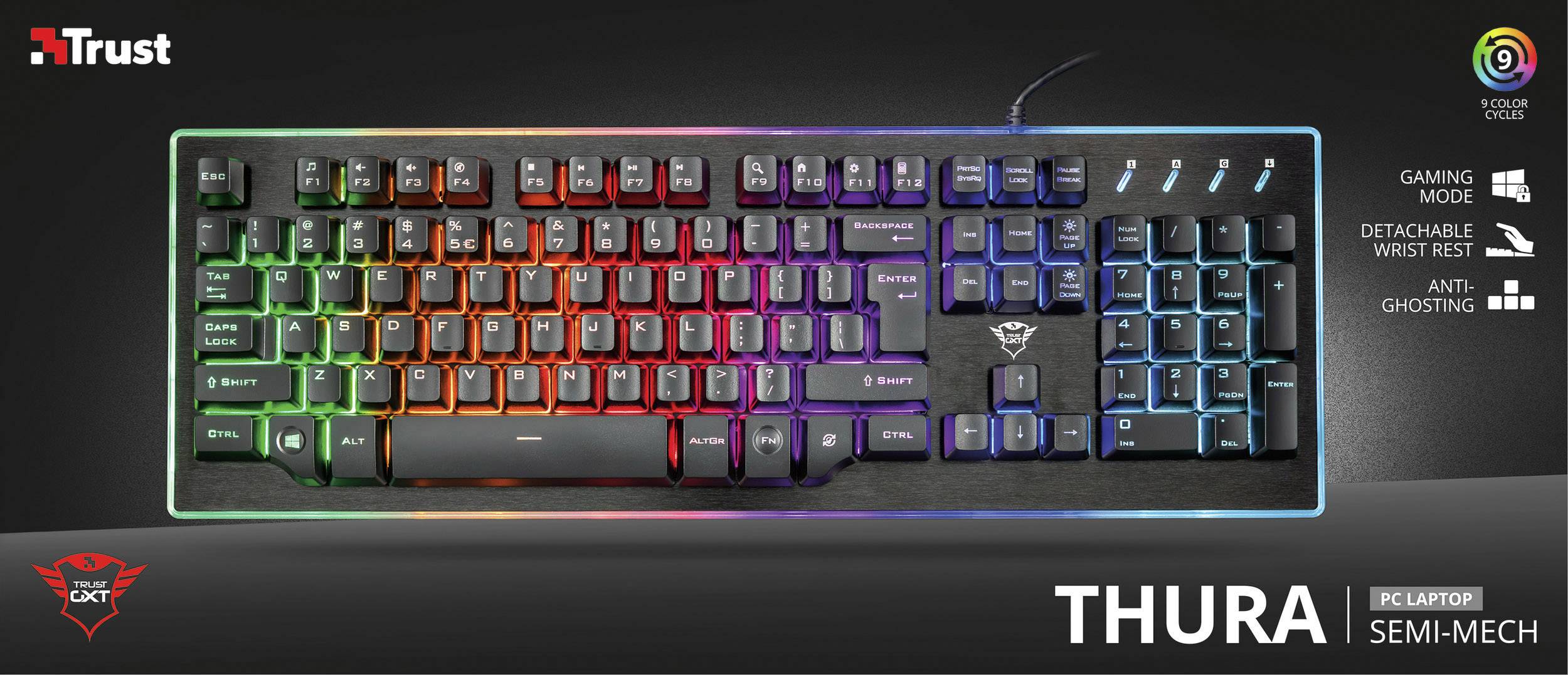 Trust GXT 860 Thura Semi-Mechanical USB Gaming-Tastatur Deutsch, QWERTZ Schwarz Beleuchtet, Handballenauflage
