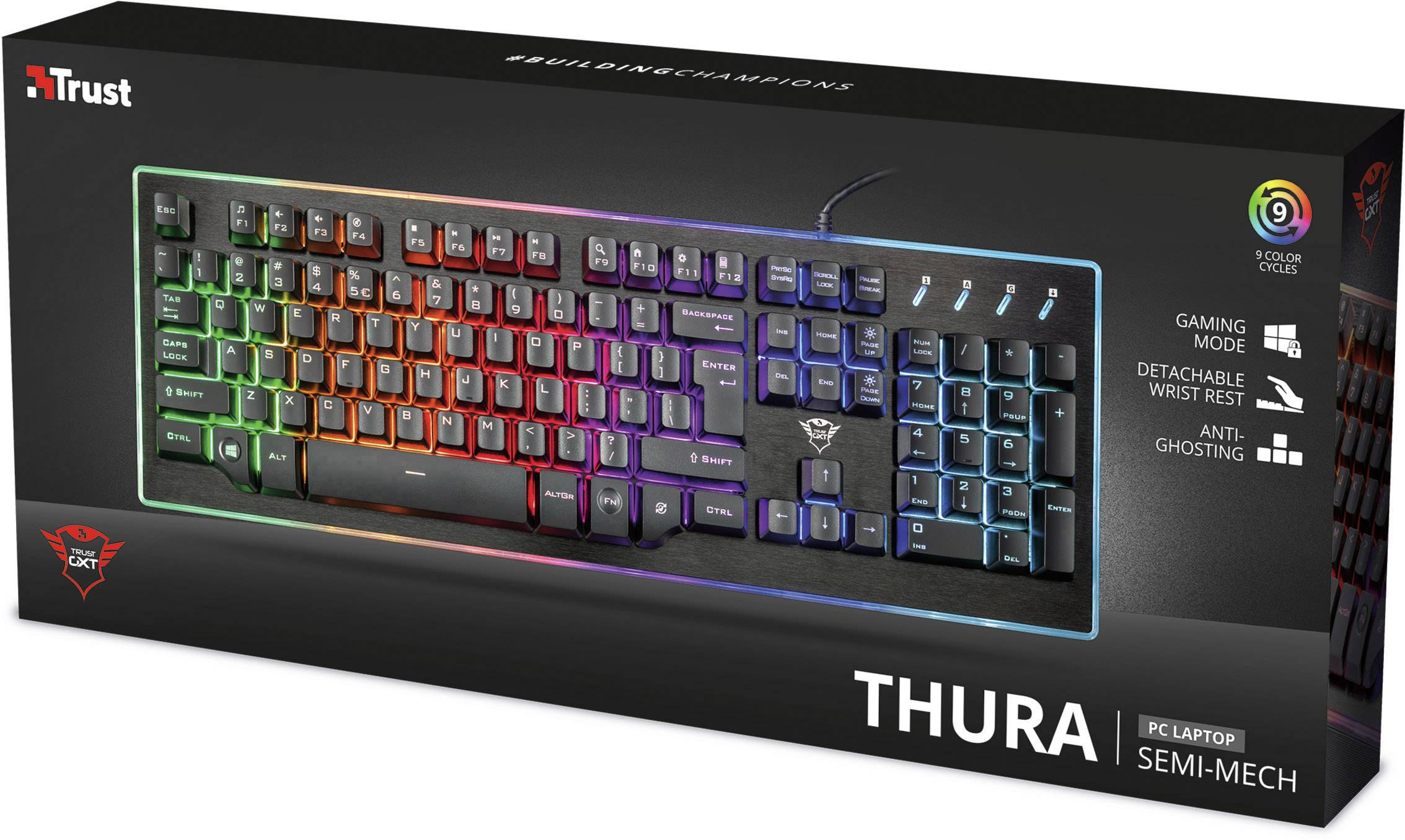 Trust GXT 860 Thura Semi-Mechanical USB Gaming-Tastatur Deutsch, QWERTZ Schwarz Beleuchtet, Handballenauflage