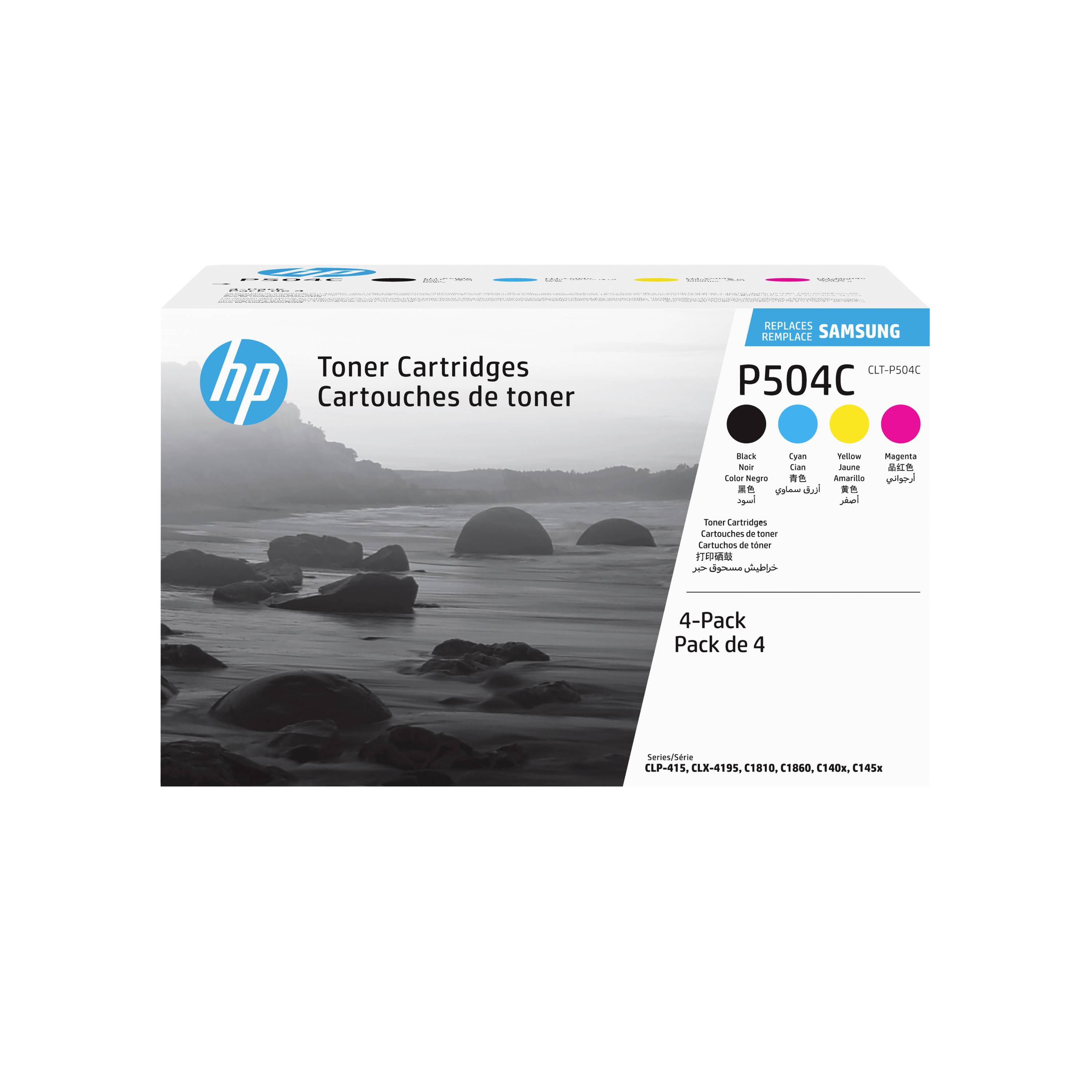 HP Samsung Tonerkartuschen-Box, P504C 4er-Pack mit schwarzen, cyan-, gelben und magentafarbenen Kartuschen.