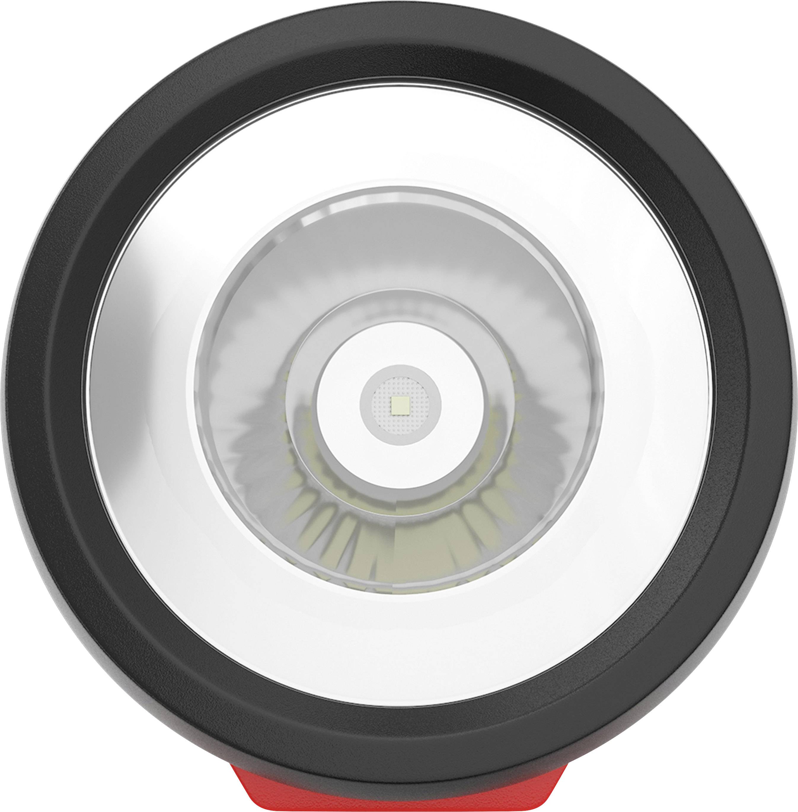 LED-Lampe mit schwarzem Gehäuse, silbernem Reflektor und zentraler LED, von vorne betrachtet.