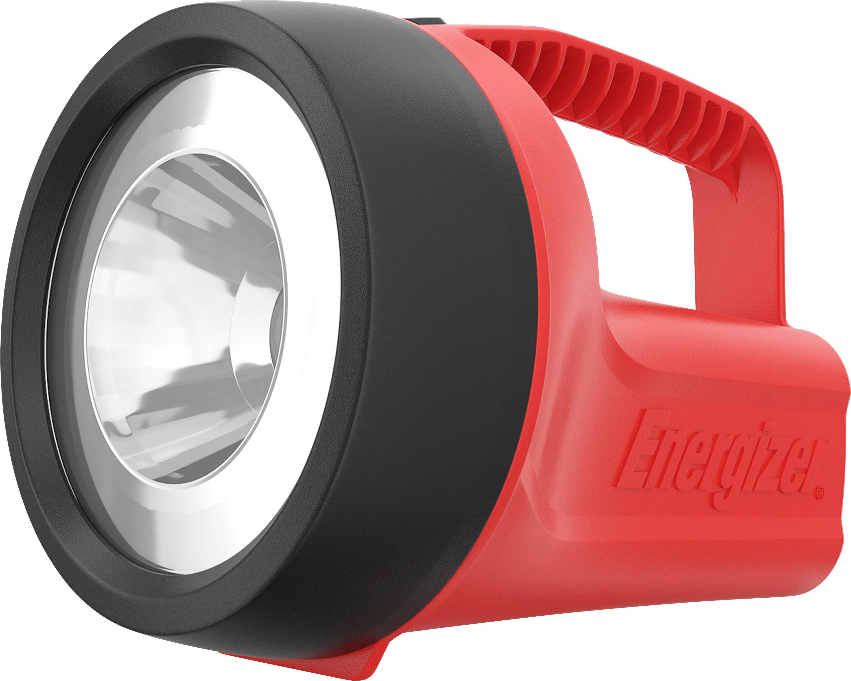 Rote Taschenlampe mit schwarzem Rand und Griff, Markenname 'Energizer' an der Seite, geeignet für Outdoor-Nachtaktivitäten.