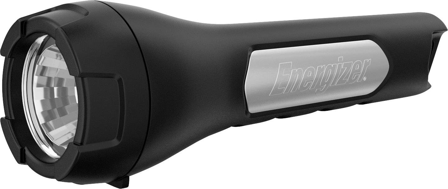 Schwarze Taschenlampe der Marke Energizer mit silbernem Griff.